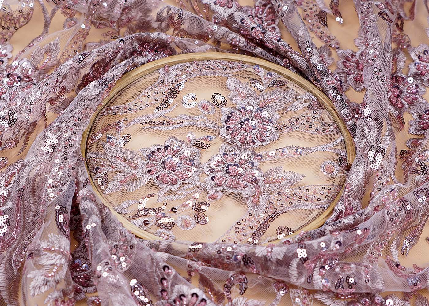 ( Pre-Cut 1.15 MTR) Old Rose Pink Imported Net Fabric With All Over Thread Sequins And Katdana Work With Scalloped Border