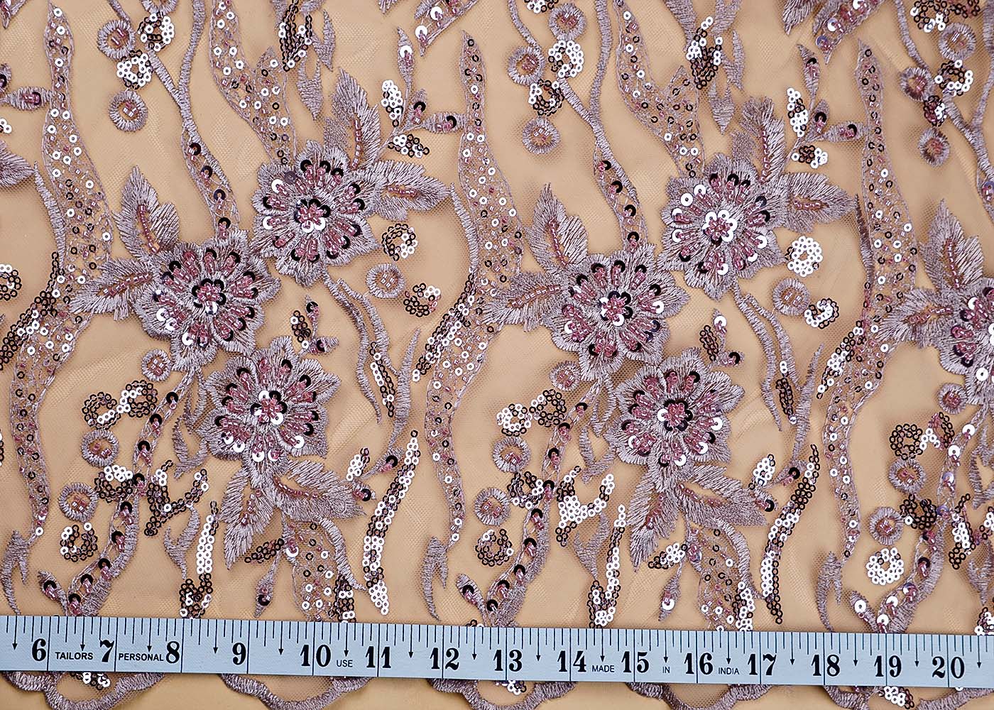 ( Pre-Cut 1.15 MTR) Old Rose Pink Imported Net Fabric With All Over Thread Sequins And Katdana Work With Scalloped Border
