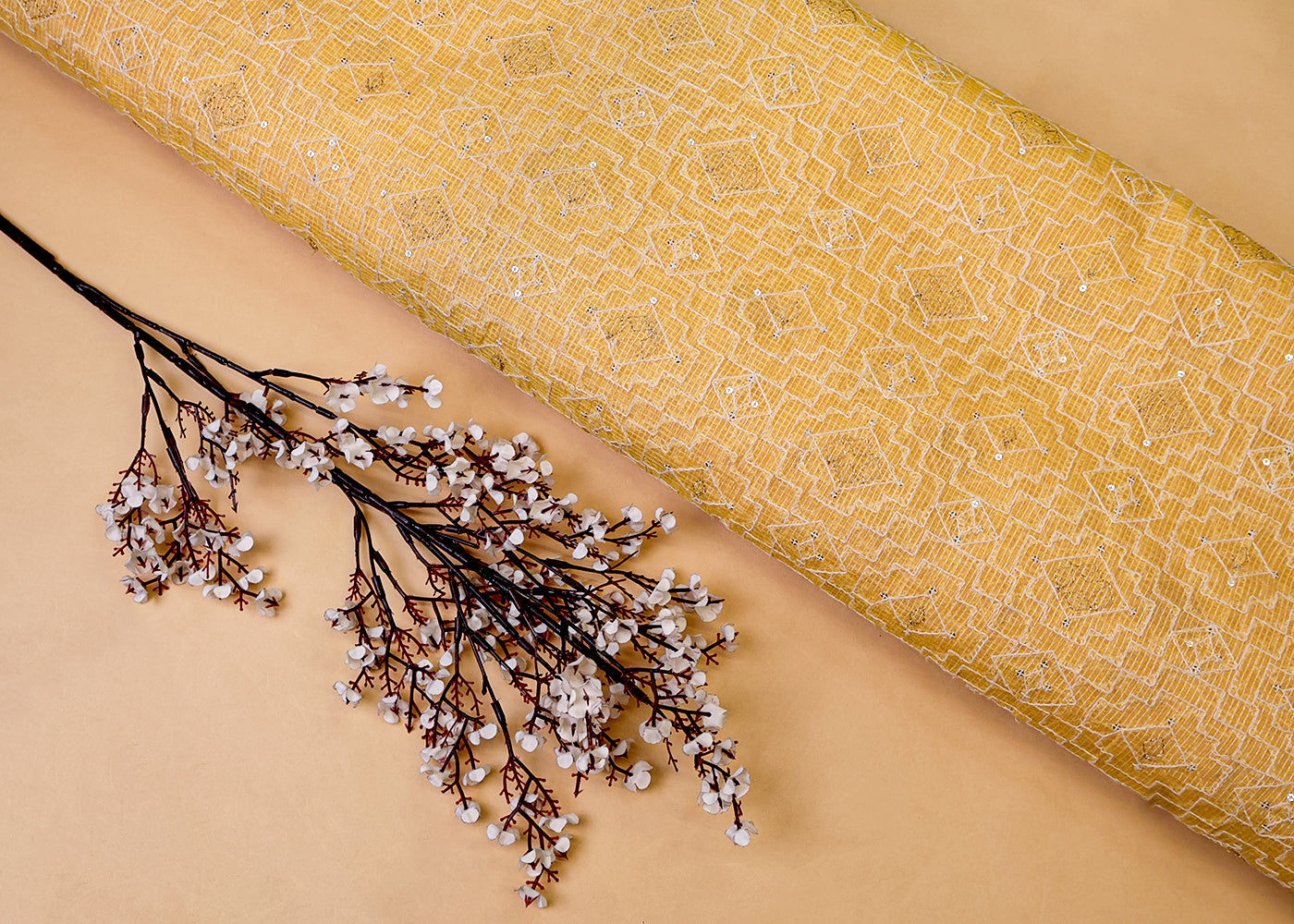 Pastel Yellow Cotton Kota Fabric with All Over Kotadoria Work of Thread and Sequins 17930