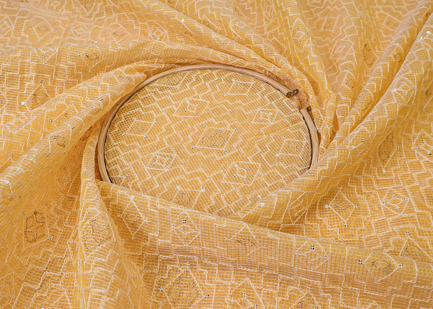 Pastel Yellow Cotton Kota Fabric with All Over Kotadoria Work of Thread and Sequins 17930