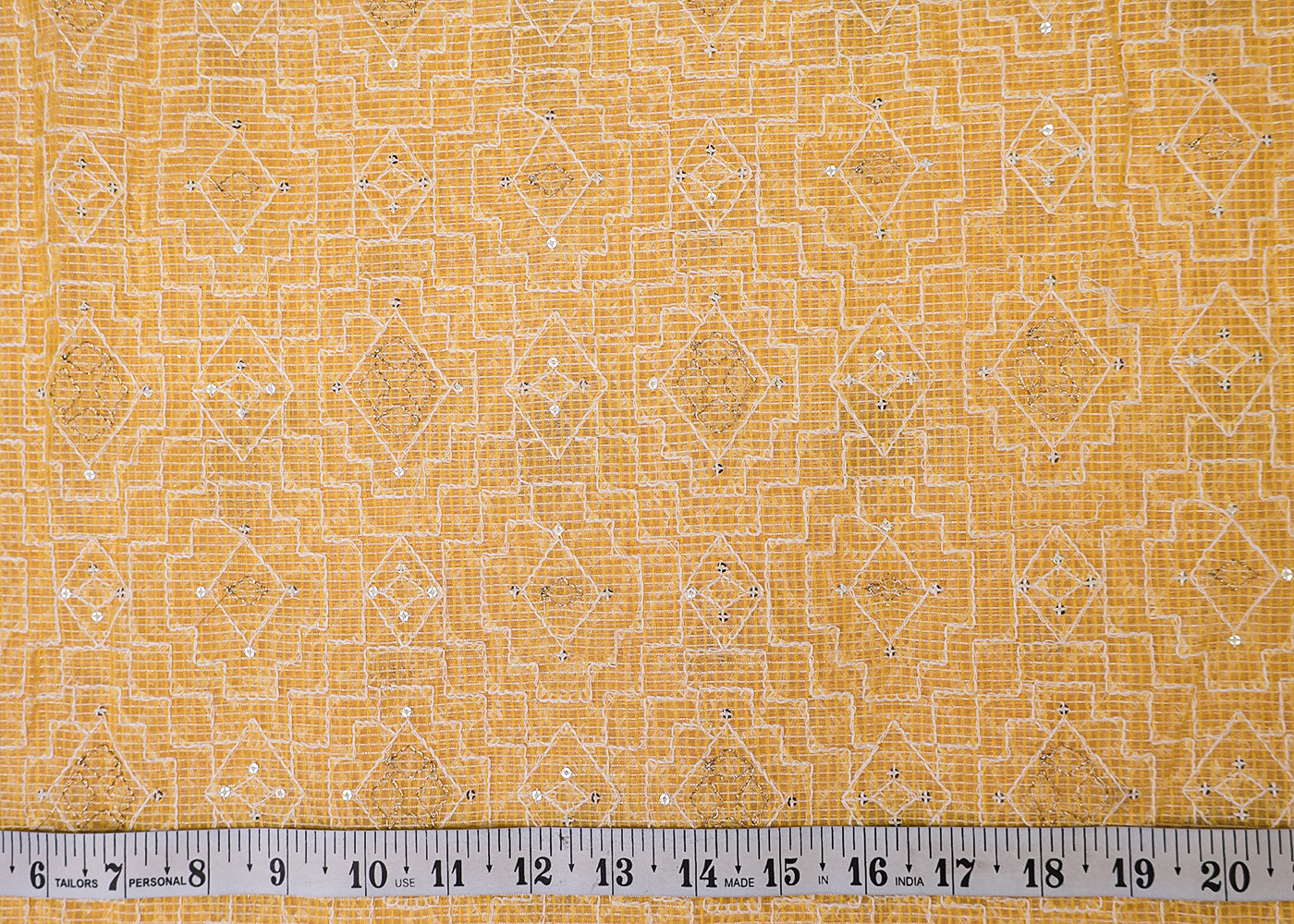 Pastel Yellow Cotton Kota Fabric with All Over Kotadoria Work of Thread and Sequins 17930