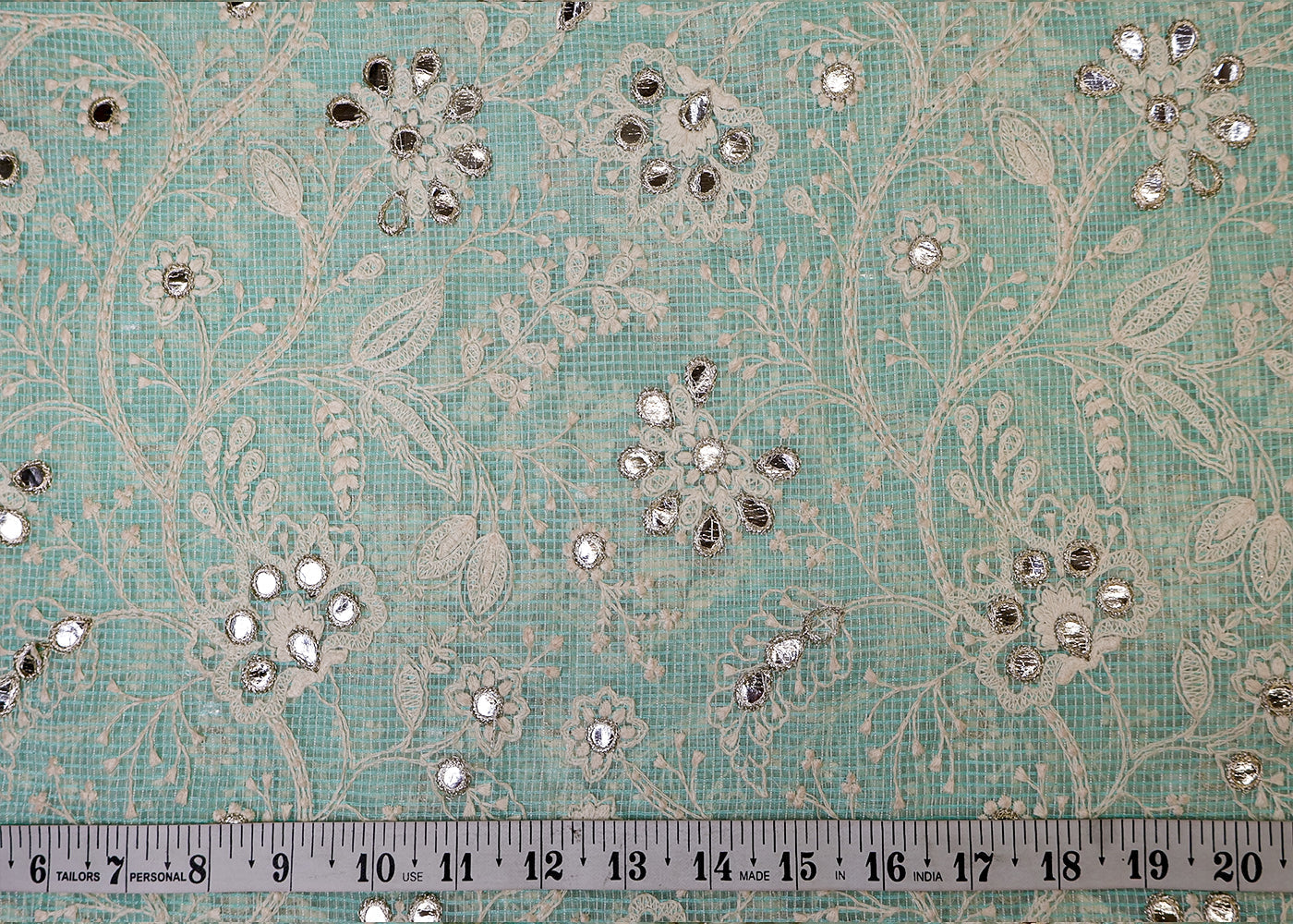 Sea Green Cotton Kota Fabric with All Over Kotadoria Work of Thread and Faux Mirror 17936