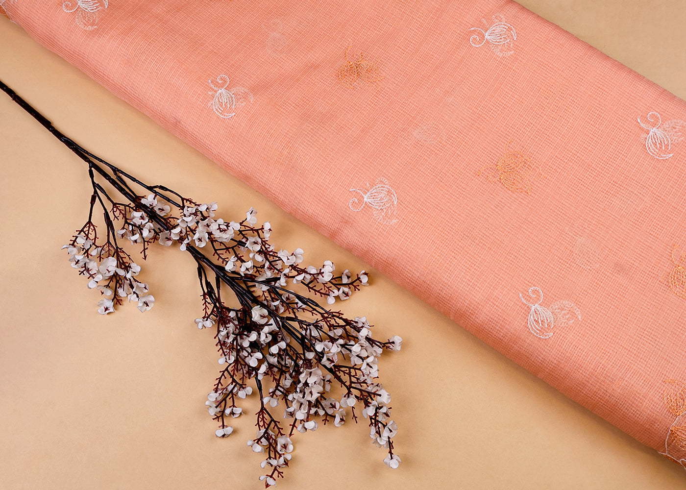 Pastel Orange Cotton Kota Dupatta Fabric with All Over Kotadoria Work of Thread with Borders 17945