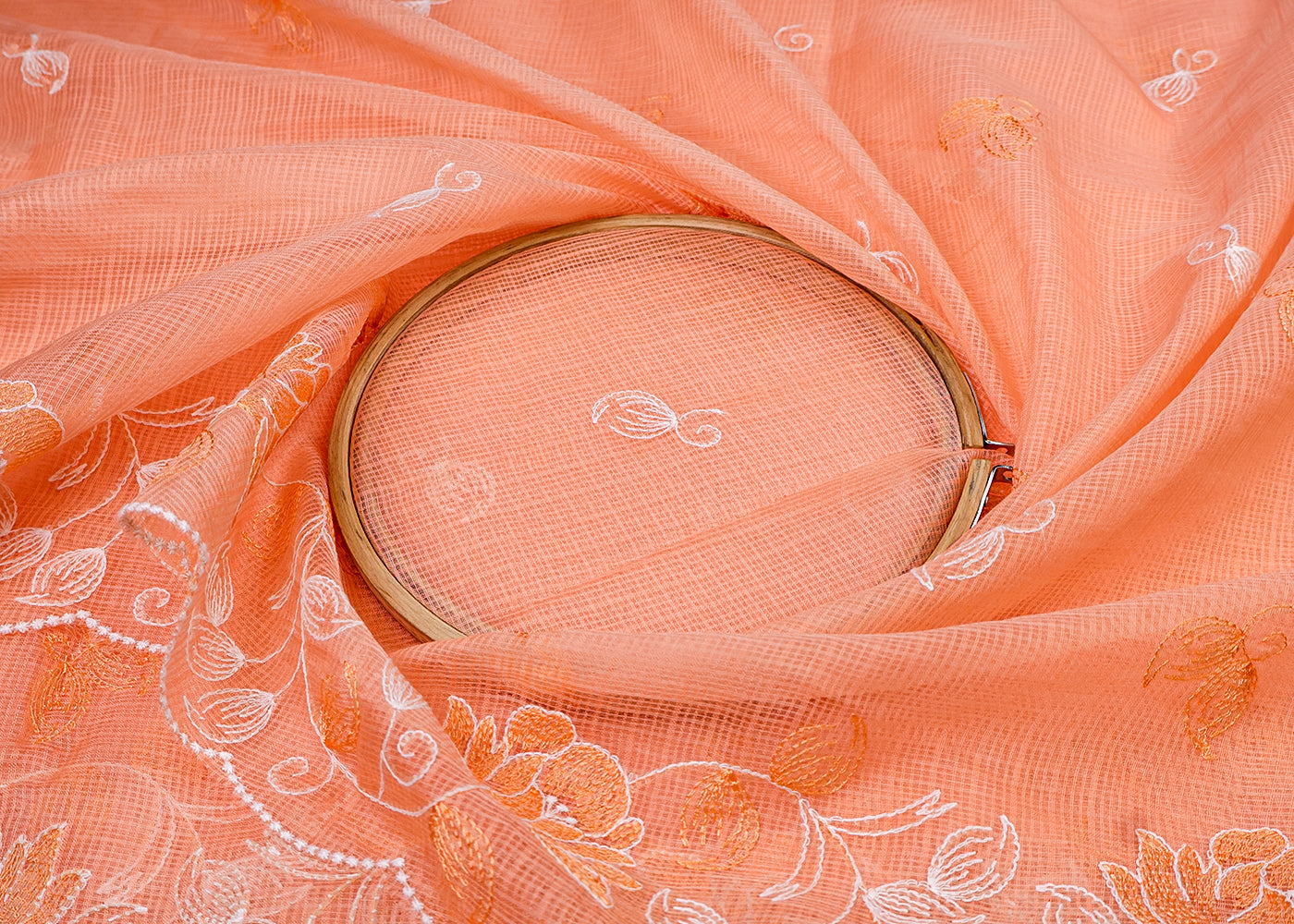 Pastel Orange Cotton Kota Dupatta Fabric with All Over Kotadoria Work of Thread with Borders 17945
