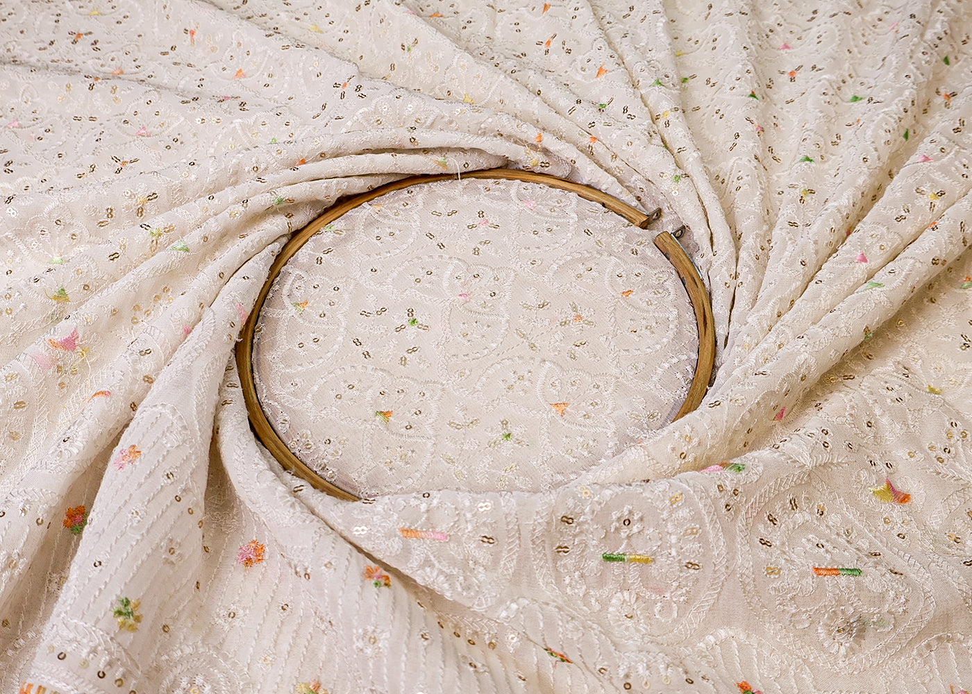 White Georgette Fabric with All-Over Thread And Sequins Work with Heavy Border 17951