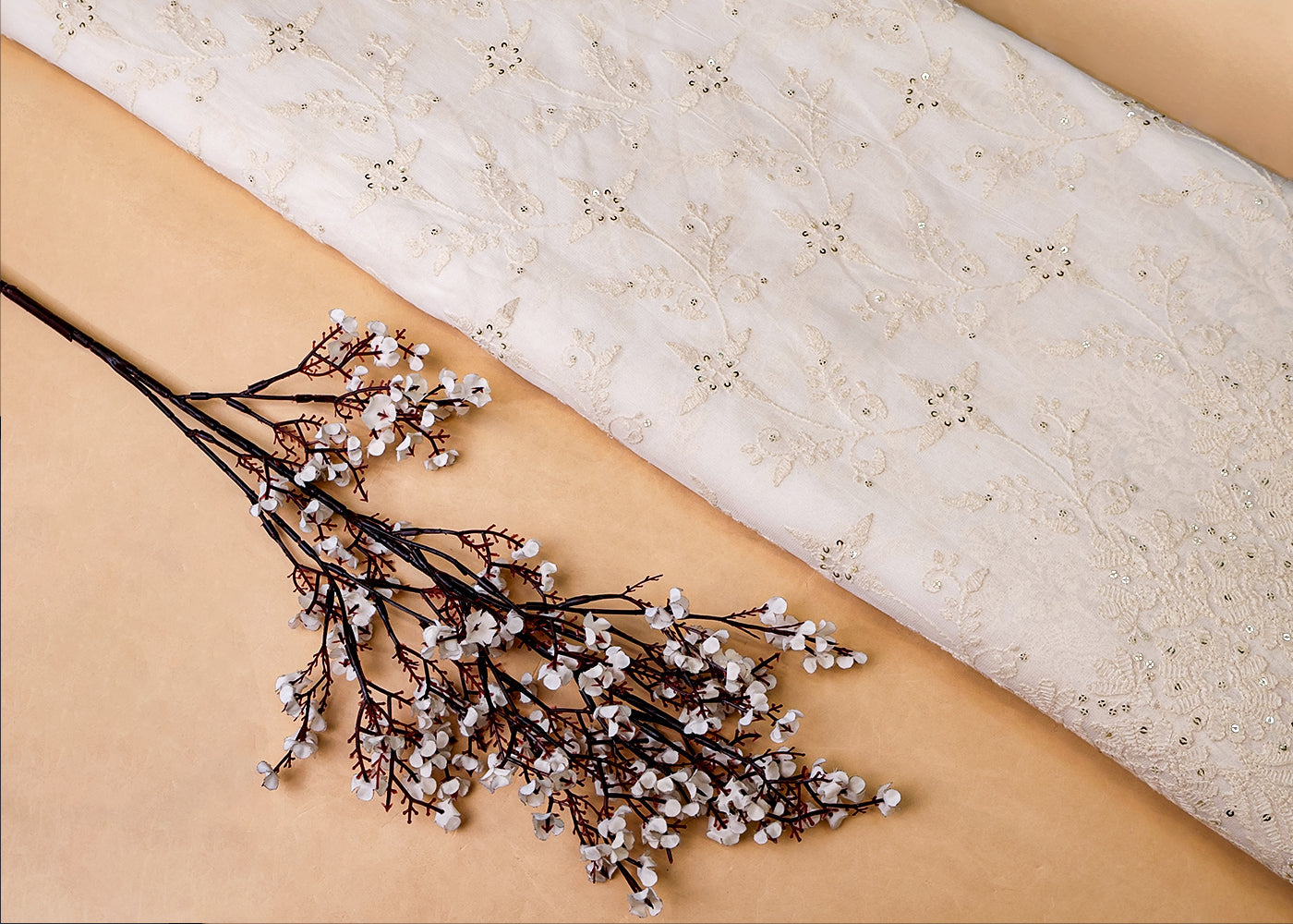 White Georgette Fabric with All-Over Thread And Sequins Work with Heavy Border 17952