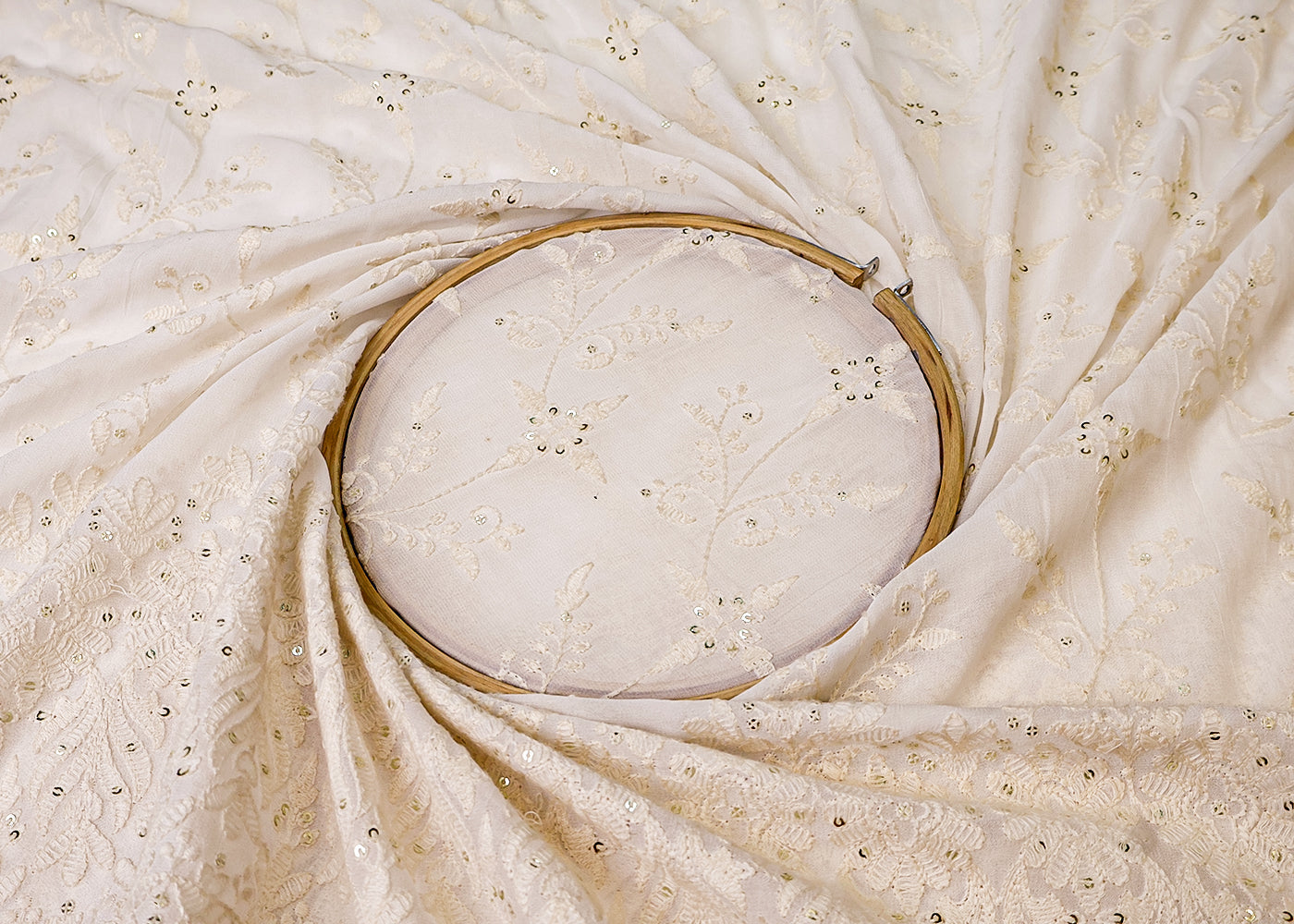 White Georgette Fabric with All-Over Thread And Sequins Work with Heavy Border 17952