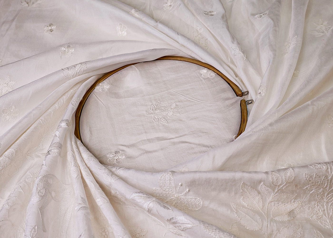 White Dola Silk Fabric with Border of Parsi Work with Thread And Sequins 17955