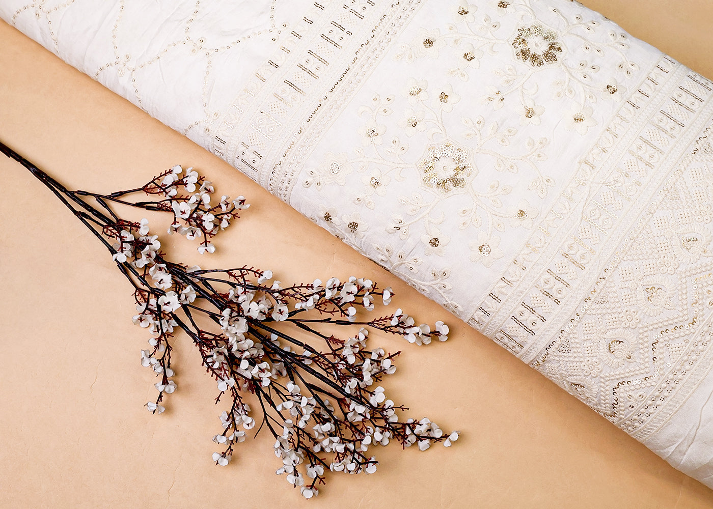 White Dola Silk Fabric with All-Over Thread And Sequins Work with Heavy Border 17957