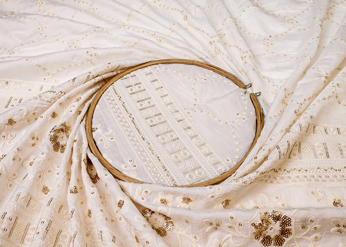 White Dola Silk Fabric with All-Over Thread And Sequins Work with Heavy Border 17957