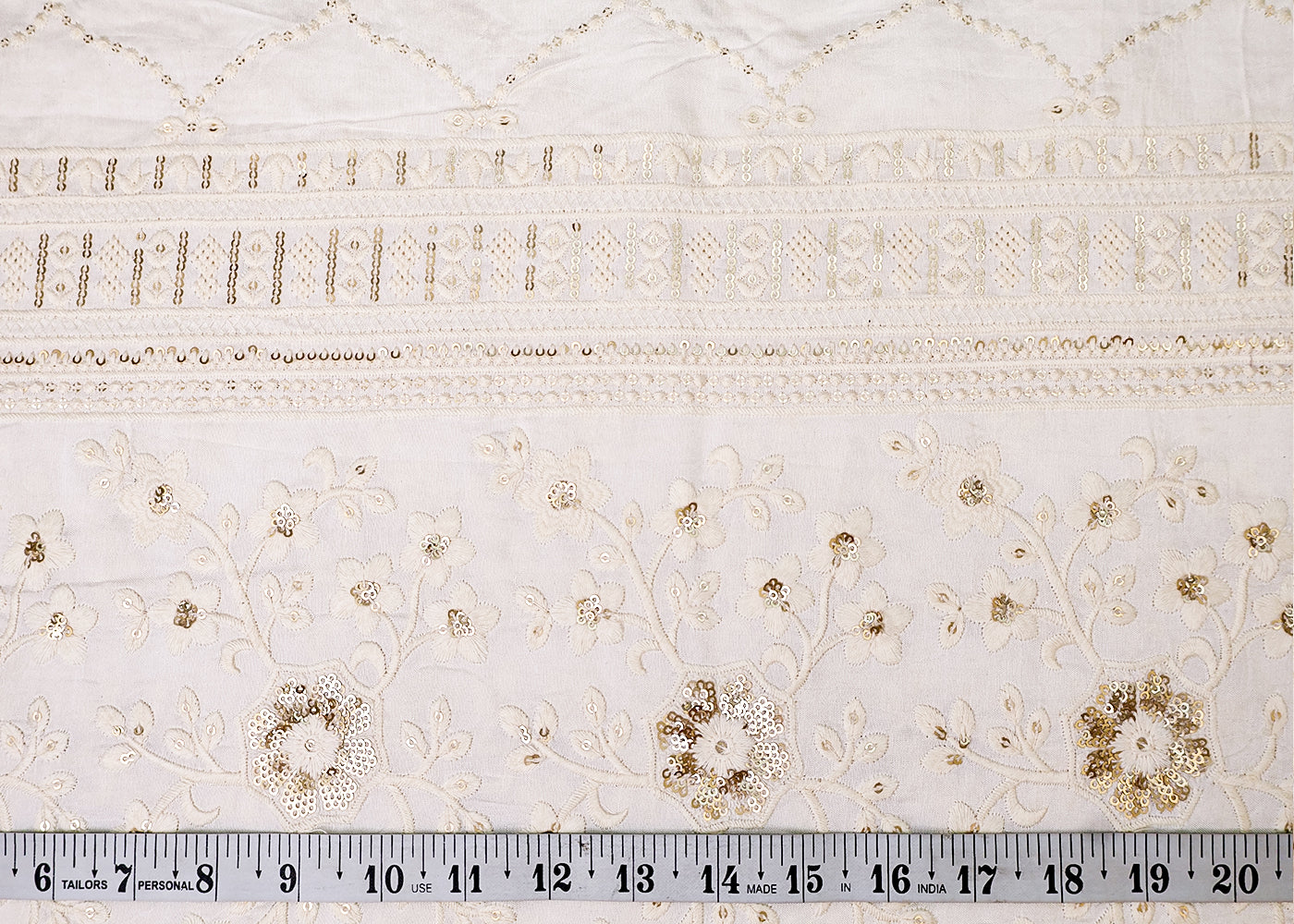 White Dola Silk Fabric with All-Over Thread And Sequins Work with Heavy Border 17957