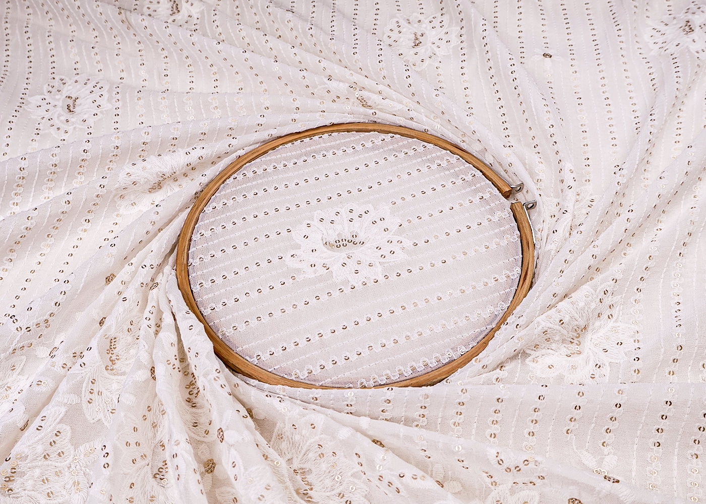 White Georgette Fabric with All-Over Thread And Sequins Work with Heavy Border 17959