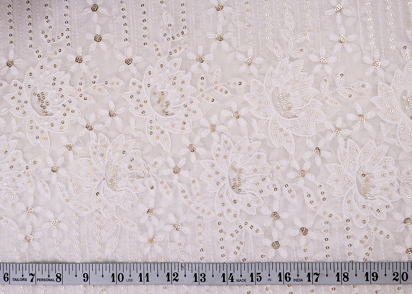 White Georgette Fabric with All-Over Thread And Sequins Work with Heavy Border 17959