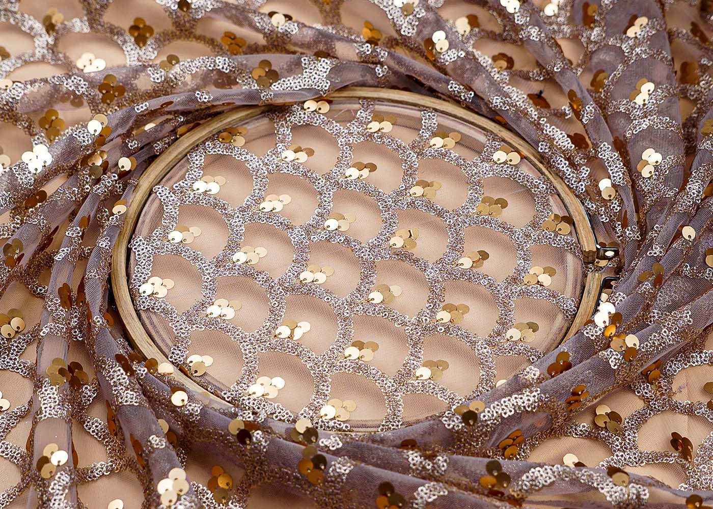 ( Pre-Cut 3 MTR) Light Tan Imported Net Fabric With All Over Sequins Work