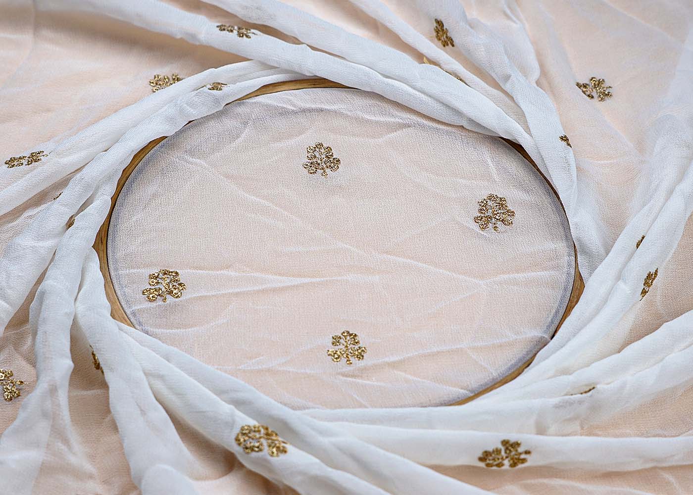 ( Pre-Cut 1.5 MTR) White Georgette Fabric With All Over Thread And Sequins Work