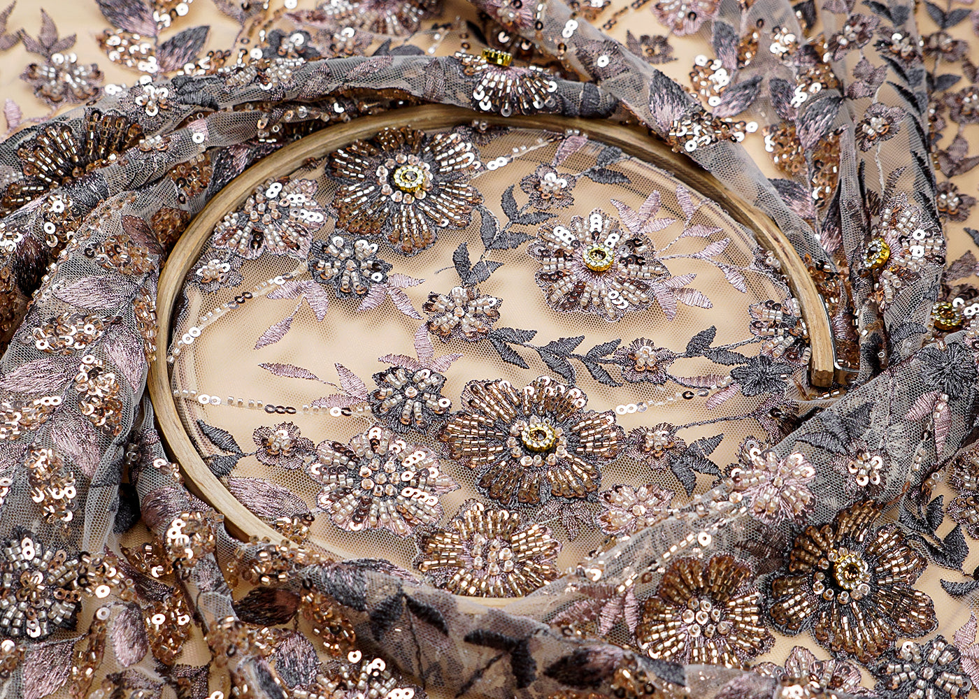 ( Pre-Cut 1 MTR) Golden Imported Net Fabric With All Over Thread Sequins And Bead Work