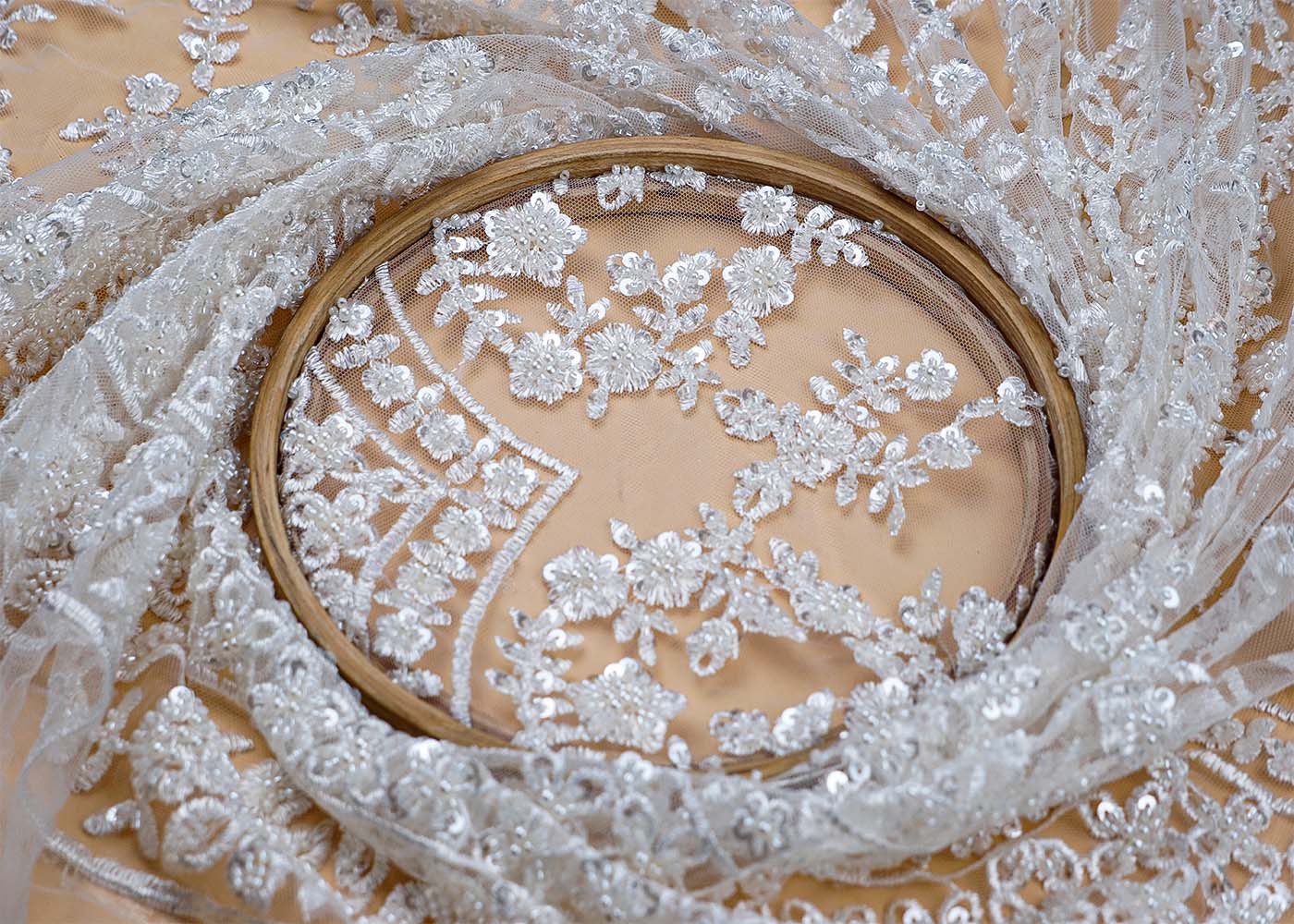 ( Pre-Cut 1.55 MTR) White Imported Net Fabric With All Over Thread Sequins And Bead Work With One Side Heavy Border
