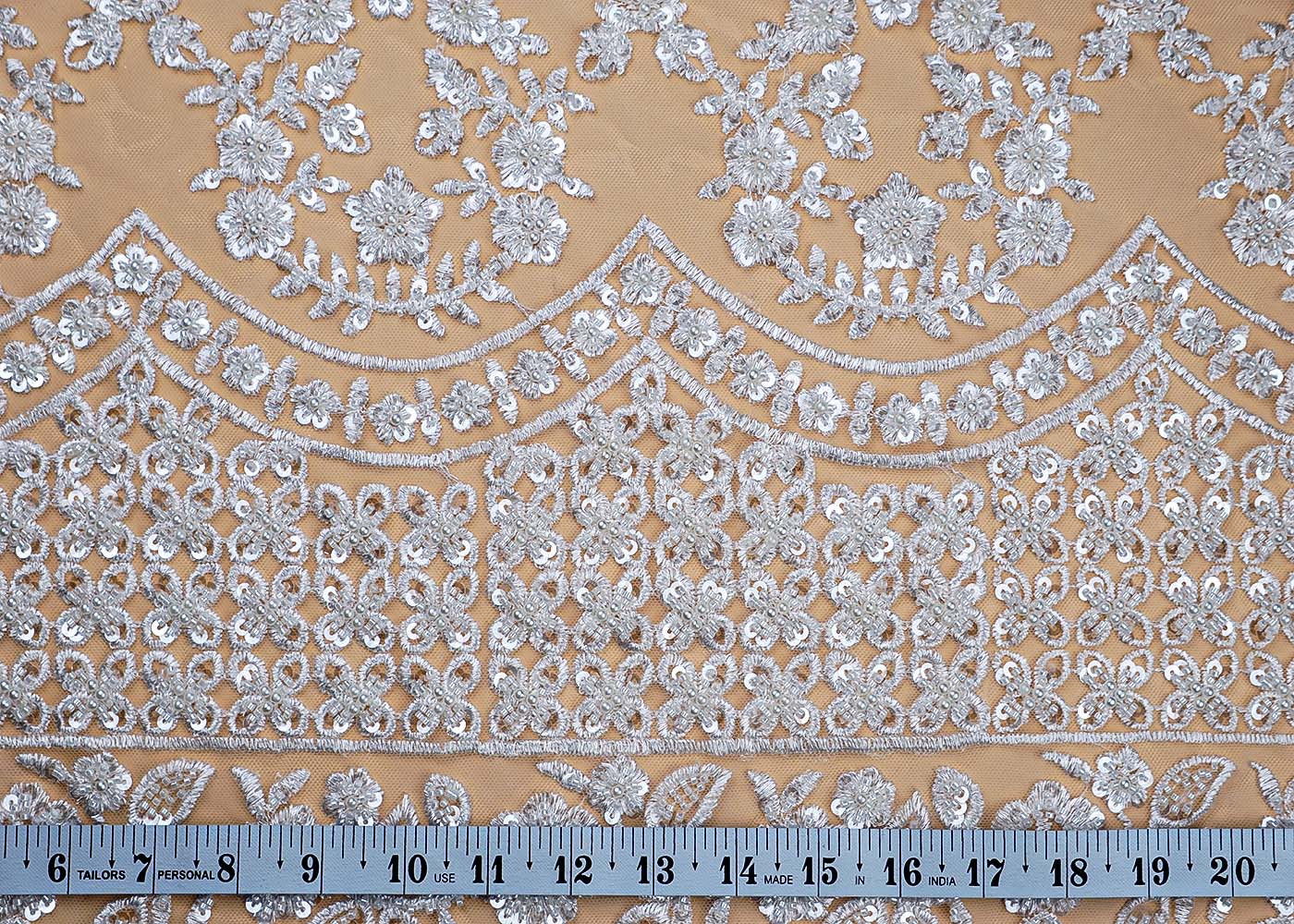 ( Pre-Cut 1.55 MTR) White Imported Net Fabric With All Over Thread Sequins And Bead Work With One Side Heavy Border