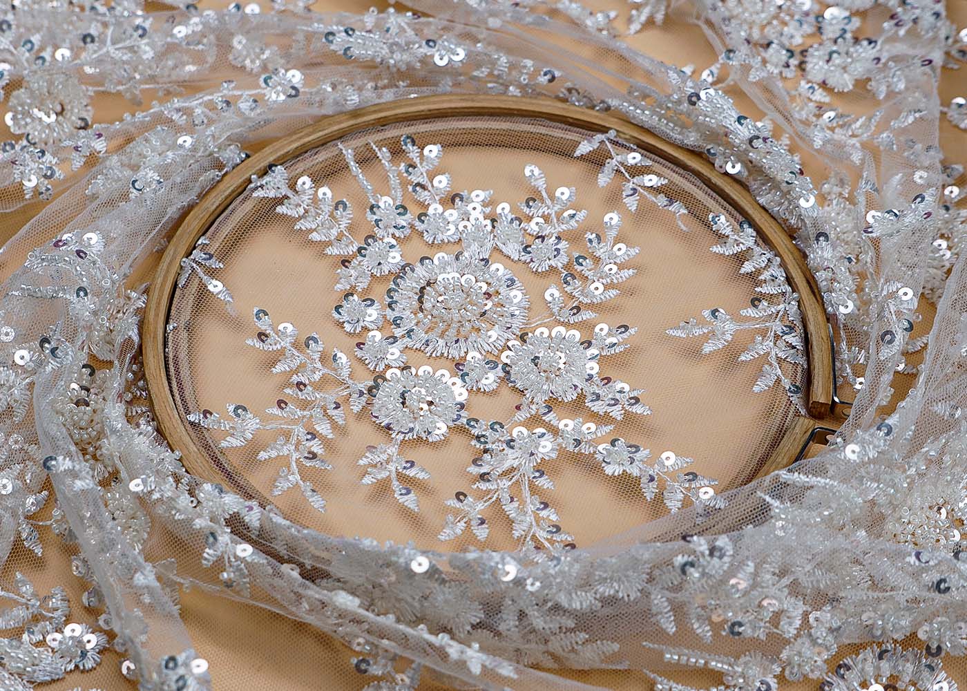 ( Pre-Cut 0.8 MTR) White Imported Net Fabric With All Over Thread Sequins And Bead Work With One Side Scalloped Border