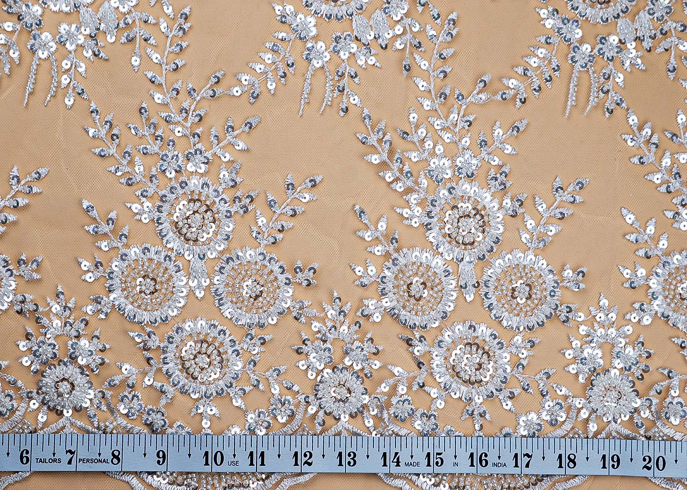 ( Pre-Cut 0.8 MTR) White Imported Net Fabric With All Over Thread Sequins And Bead Work With One Side Scalloped Border