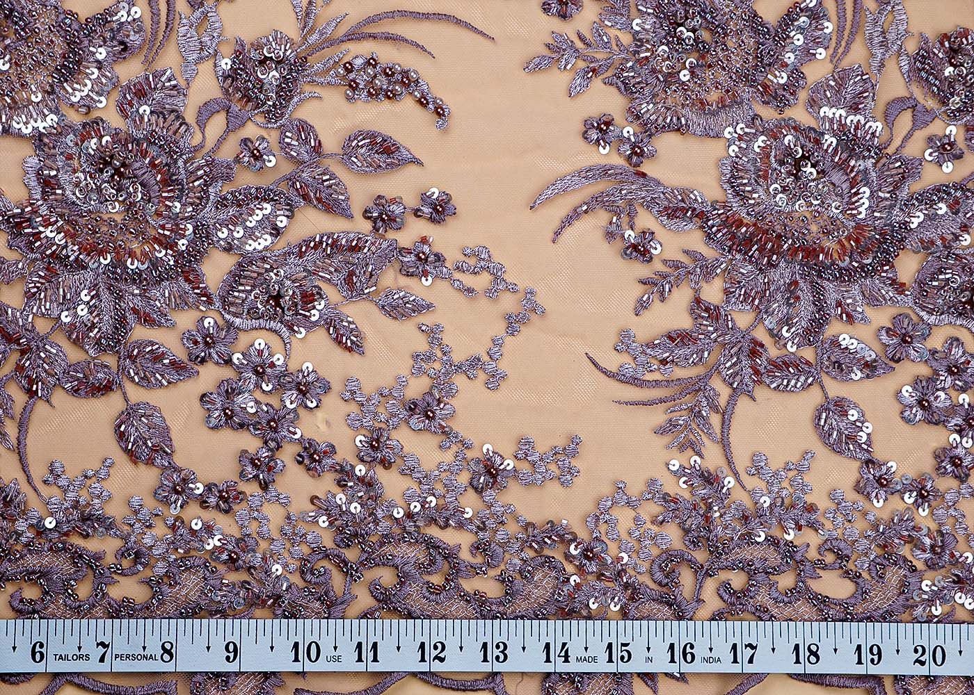 ( Pre-Cut 2.4 MTR) Onion Imported Net Fabric With All Over Thread Pearl Sequins And Bead Work With One Side Scalloped Border