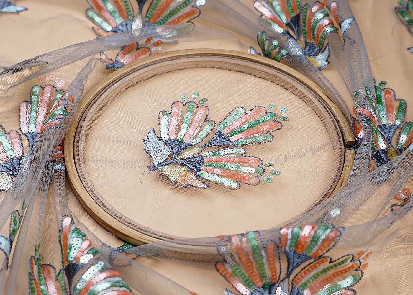 ( Pre-Cut 2 MTR) Grey Imported Net Fabric With All Over Thread And Sequins Work