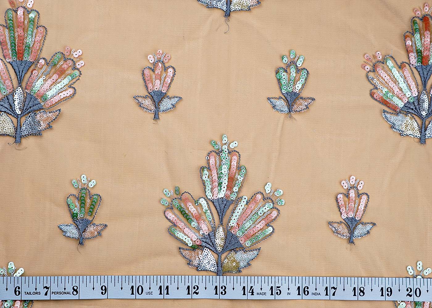 ( Pre-Cut 2 MTR) Grey Imported Net Fabric With All Over Thread And Sequins Work