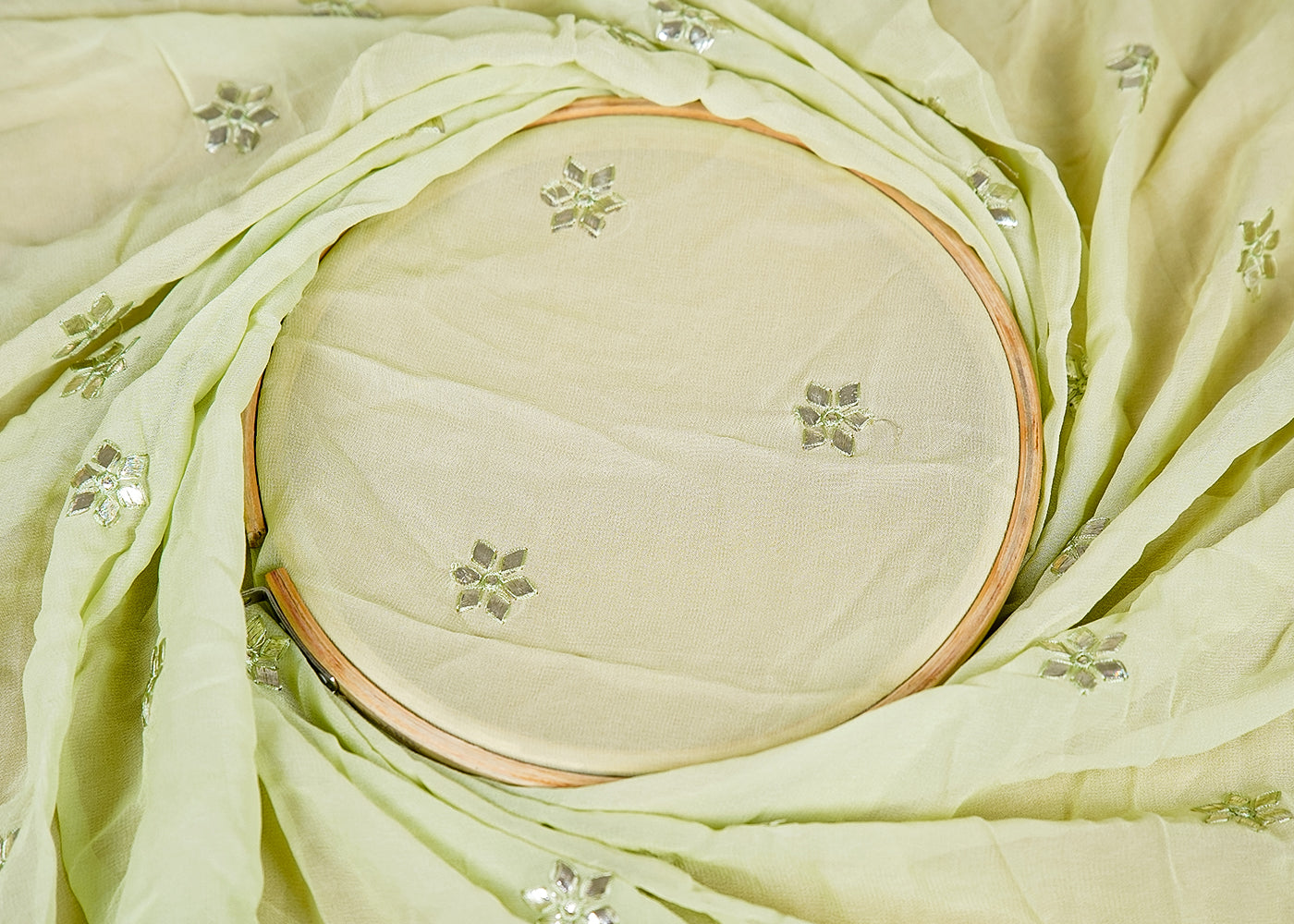( Pre-Cut 2.75 MTR) Mint Green Georgette Fabric With All Over Gota Patti Work With Two Side Border 18021