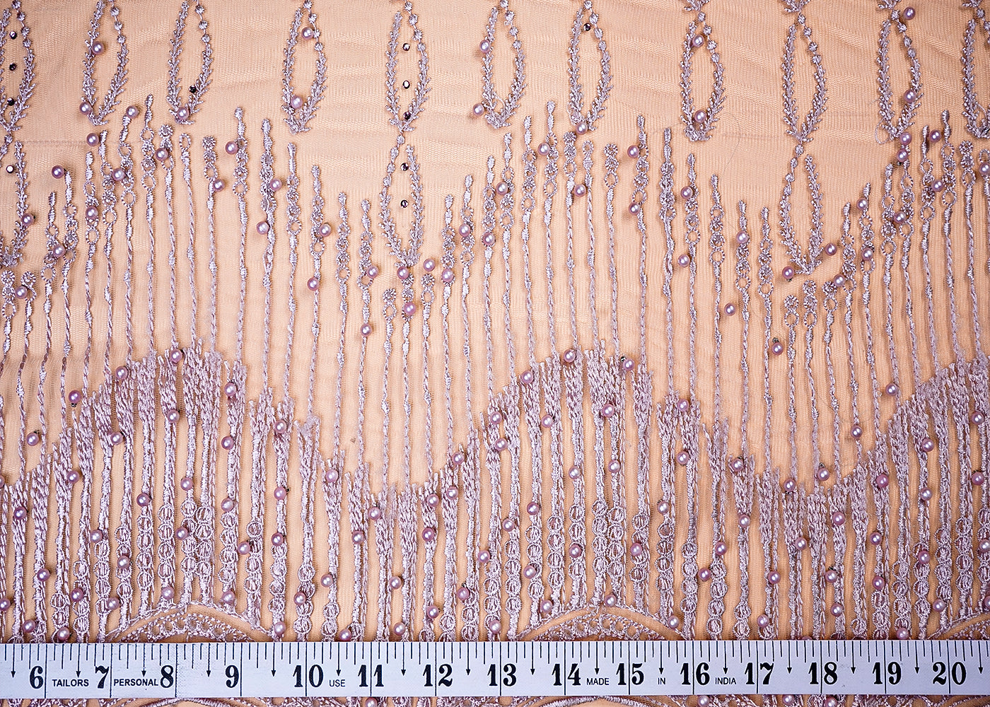 ( Pre-Cut 2.4 MTR) Blush Pink Imported Net Fabric With All Over Thread And Bead Work With One Side Scalloped Border 18023