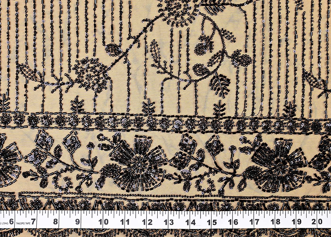 ( Pre-Cut 1.55 MTR) Black Imported Net All Over Bead And Sequins Work With One Side Scalloped Border 18040