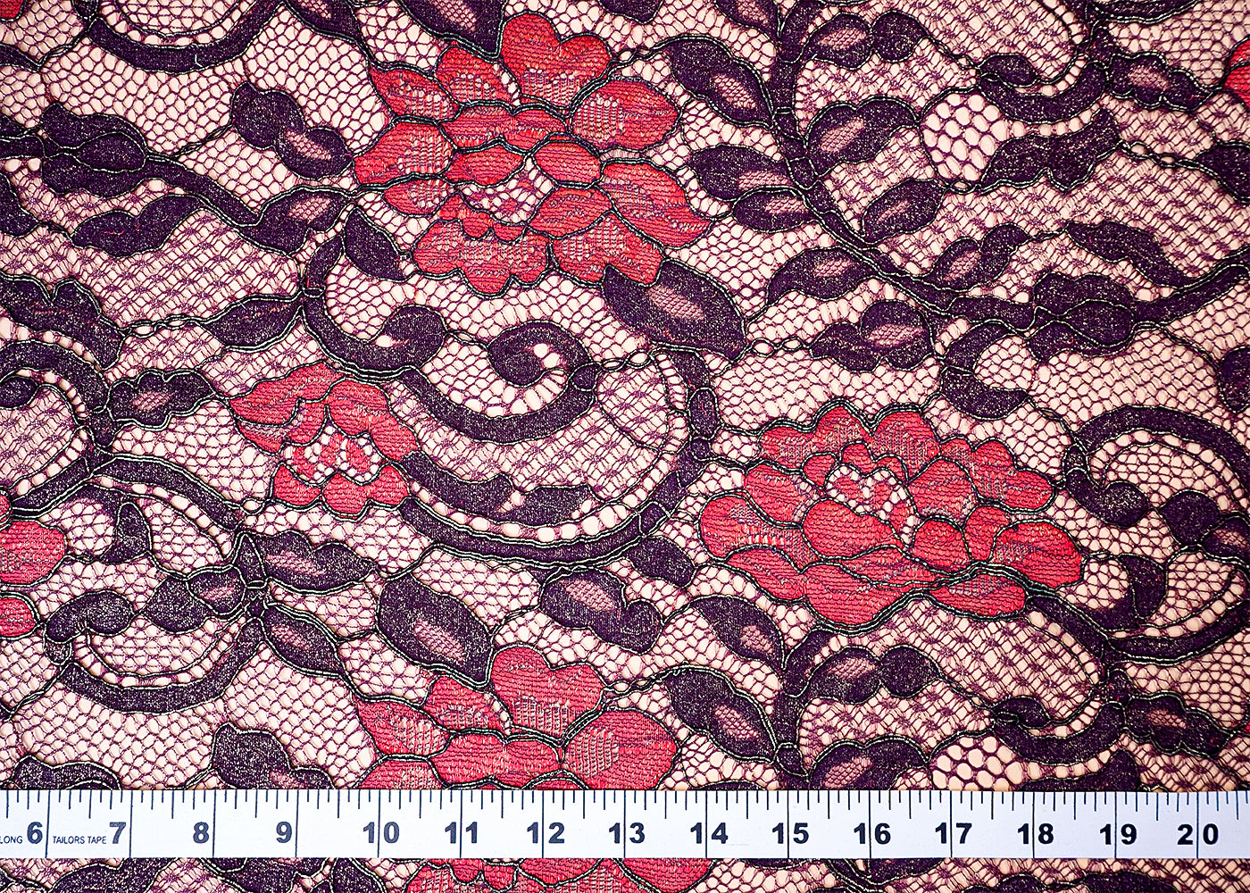 (Pre-Cut 0.8 MTR) Wine Sandline Lace Fabric With All Over Floral Pattern 18042