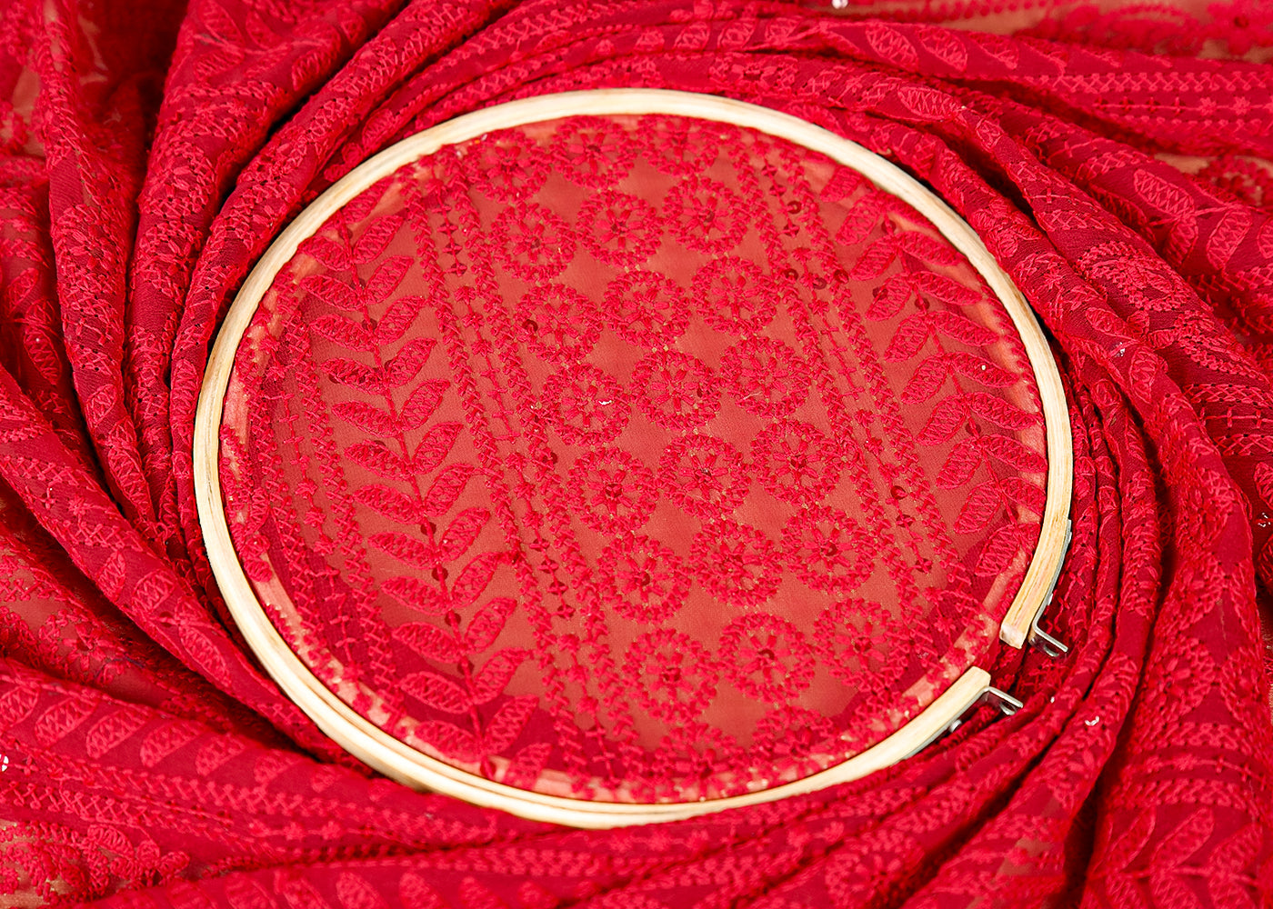 ( Pre-Cut 2 MTR) Maroon Georgette Fabric With All Over Thread And Sequins Work 18057