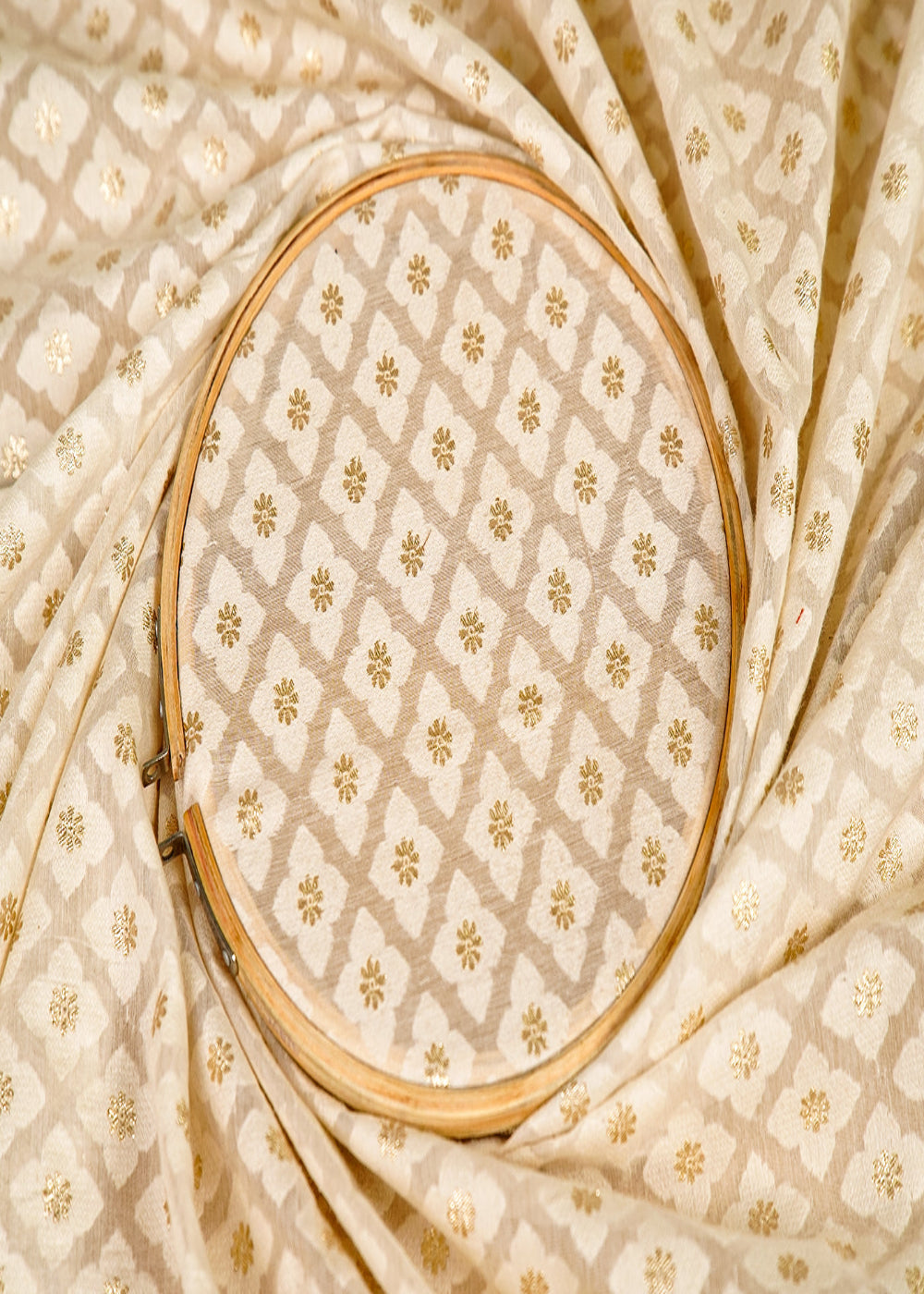 (Pre-Cut-1.7-MTR)-Off-White-Chanderi-Fabric-With-All-Over-Thread-And-Golden-Zari-Handloom-18077