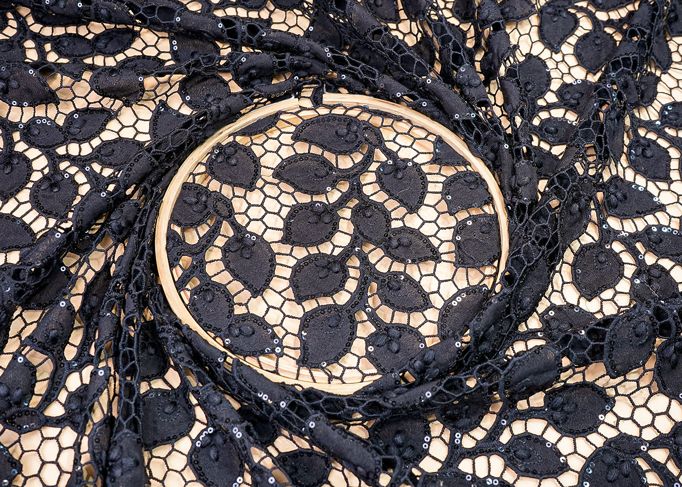 ( Pre-Cut 1.55 MTR) Black Crepe Fabric With All Over Cutwork 18084