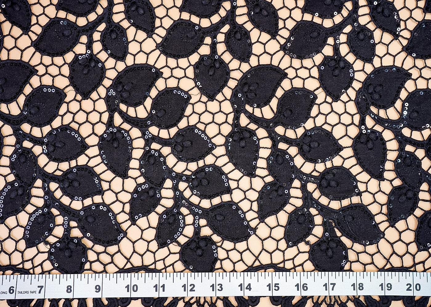 ( Pre-Cut 1.55 MTR) Black Crepe Fabric With All Over Cutwork 18084