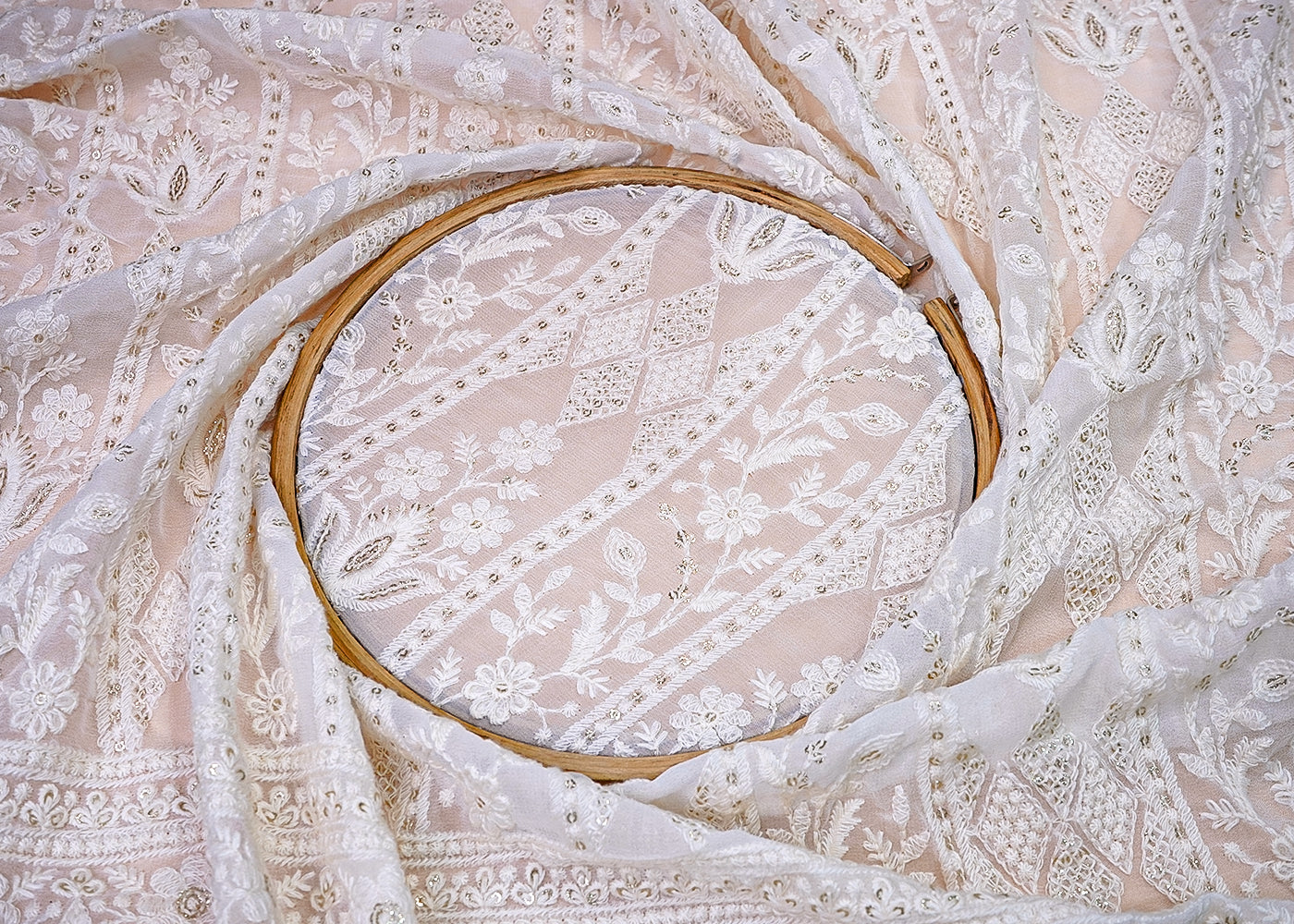 ( Pre-Cut 0.8 MTR) White Georgette Fabric With All Over Thread Amd Sequins Work With One Side Heavy Border 18087