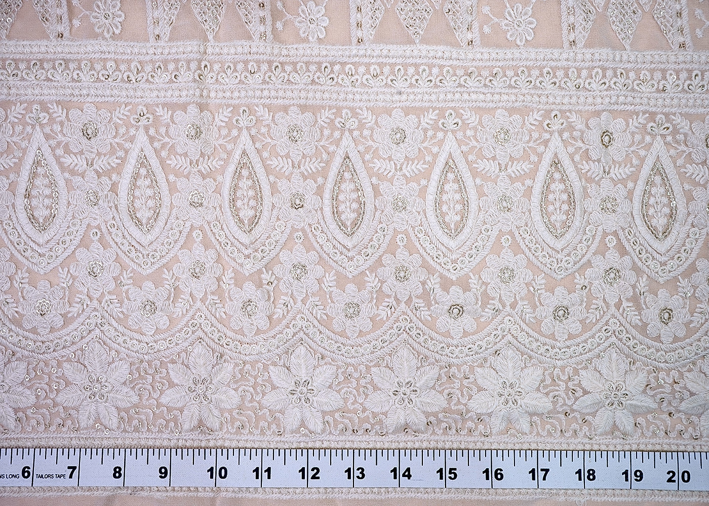 ( Pre-Cut 0.8 MTR) White Georgette Fabric With All Over Thread Amd Sequins Work With One Side Heavy Border 18087