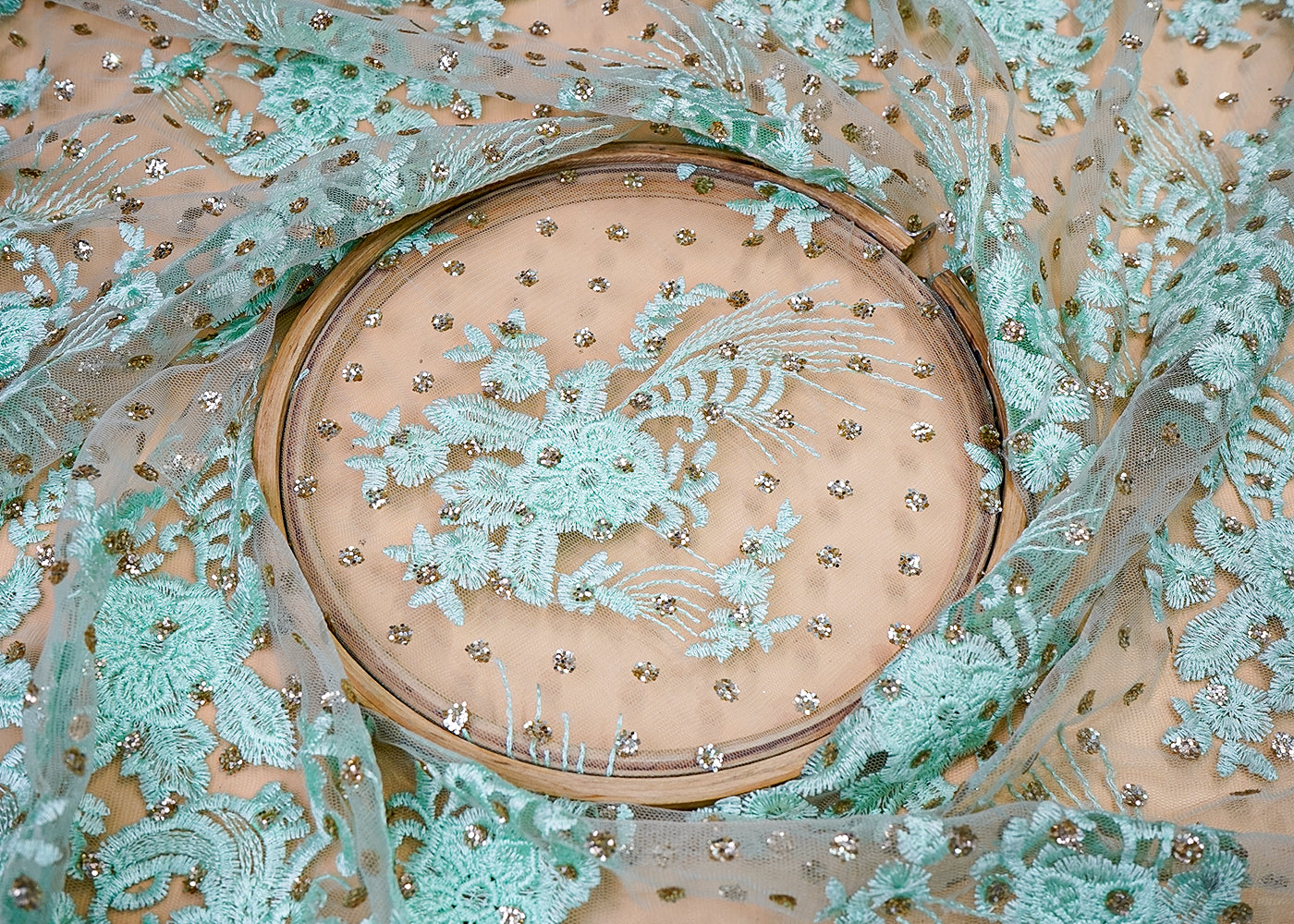 ( Pre-Cut 2.8 MTR) Mint Green Imported Net Fabric With All Over Thread And Gliter Work With One Side Fur Border 18090