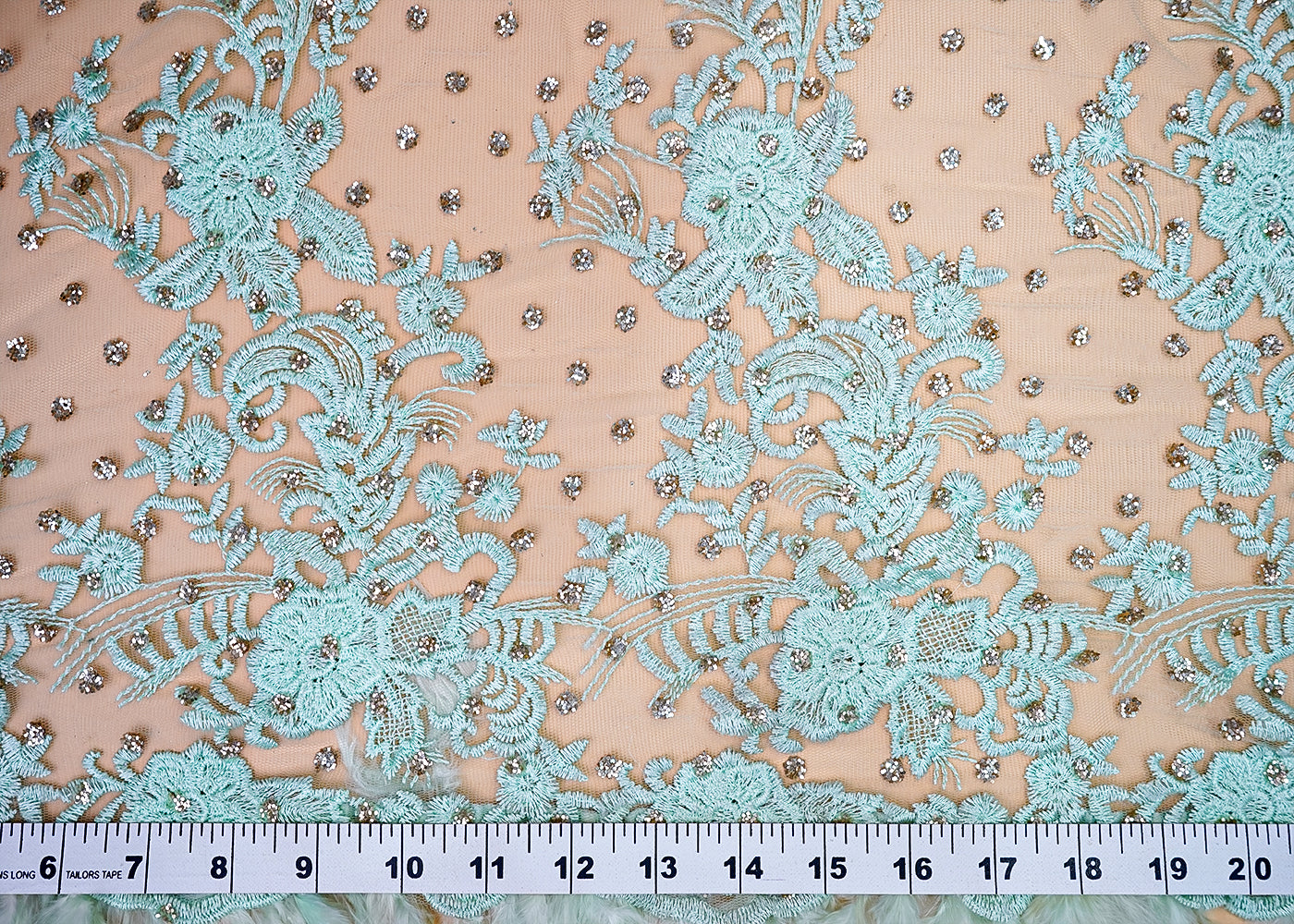( Pre-Cut 2.8 MTR) Mint Green Imported Net Fabric With All Over Thread And Gliter Work With One Side Fur Border 18090