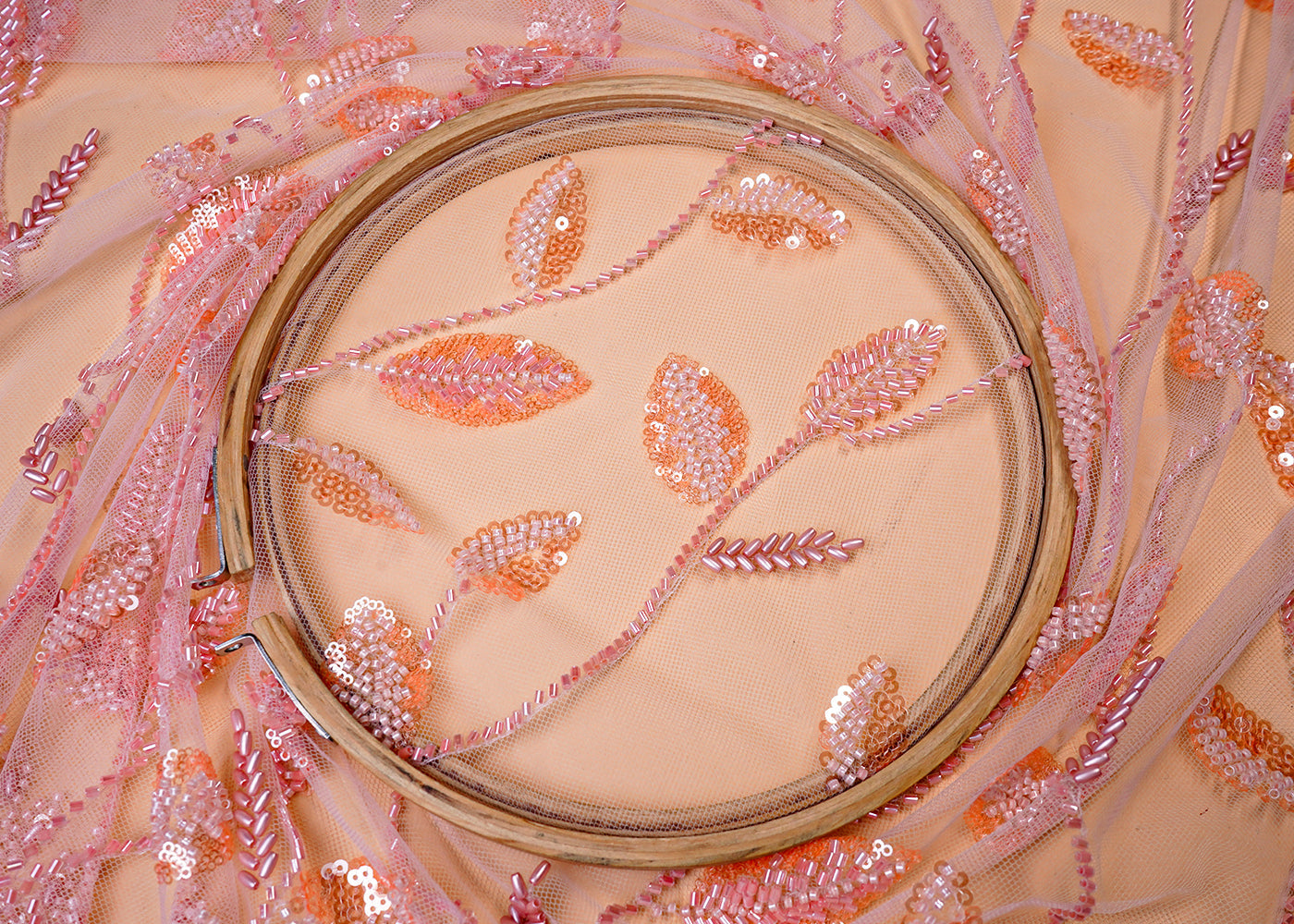 ( Pre-Cut 1 MTR) Peach Imported Net Fabric With All Over Katdana, Bead And Sequins Work With One Side Scalloped And Cutwork Border 18098