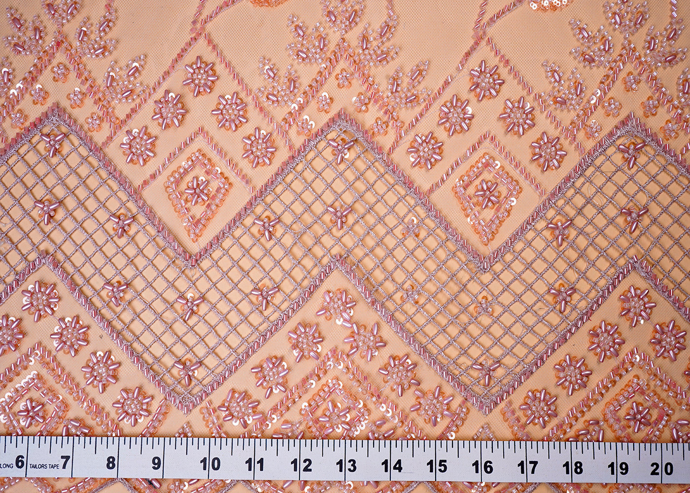( Pre-Cut 1 MTR) Peach Imported Net Fabric With All Over Katdana, Bead And Sequins Work With One Side Scalloped And Cutwork Border 18098