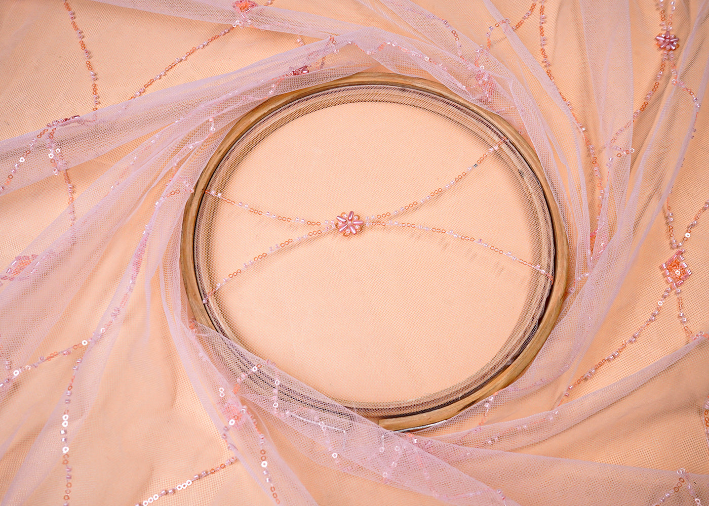 ( Pre-Cut 1 MTR) Peach Imported Net Fabric With All Over Katdana, Bead And Sequins Work With Two Side Scalloped Border 18099