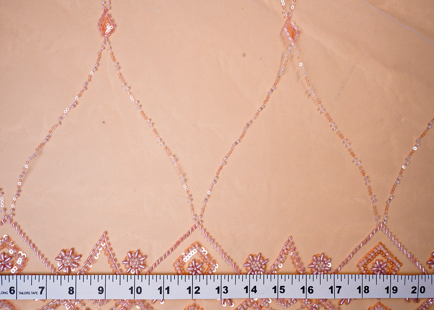 ( Pre-Cut 1 MTR) Peach Imported Net Fabric With All Over Katdana, Bead And Sequins Work With Two Side Scalloped Border 18099