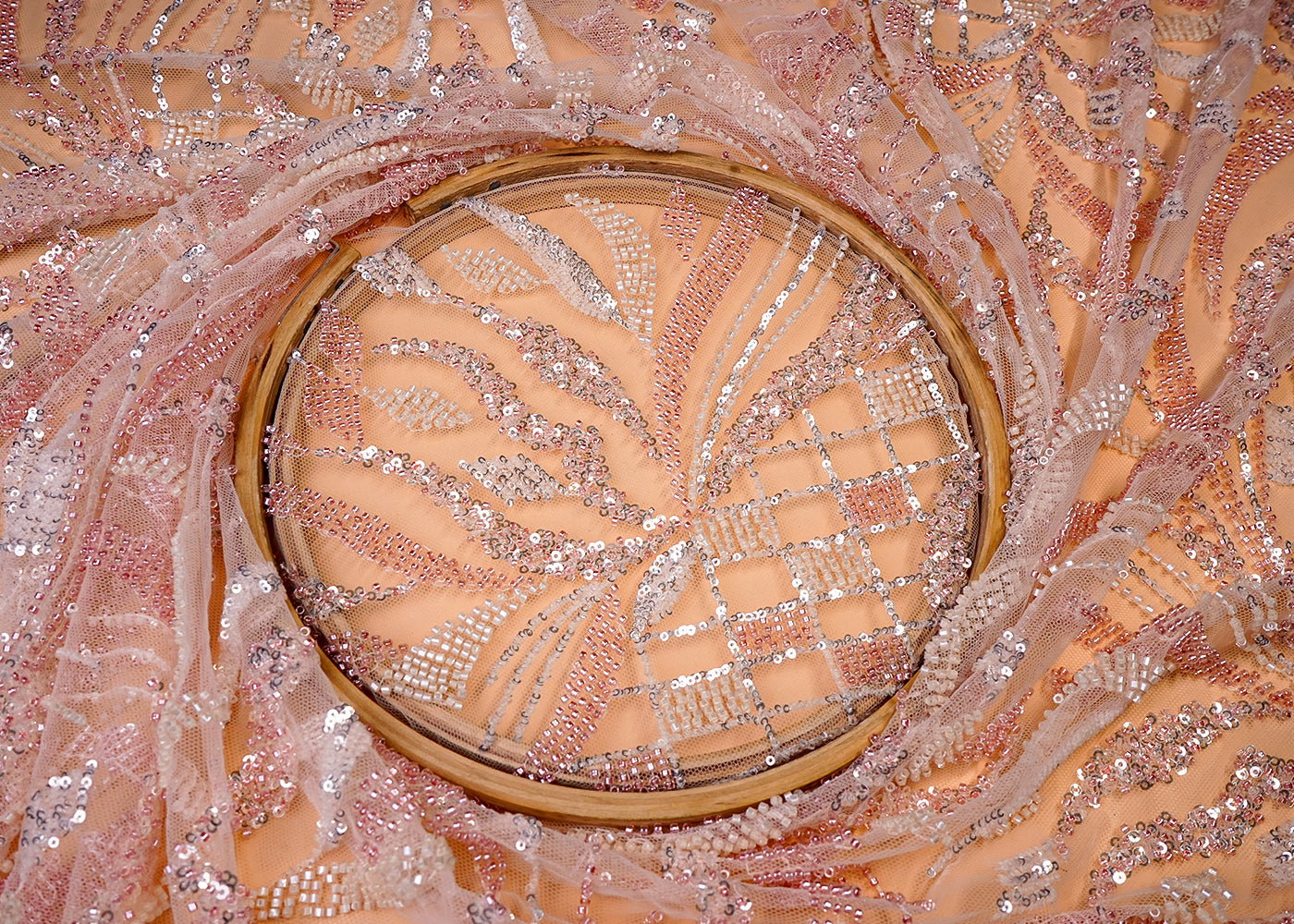 ( Pre-Cut 1 MTR) Light Pink Imported Net Fabric With All Over Sequins And Katdana Work 18114
