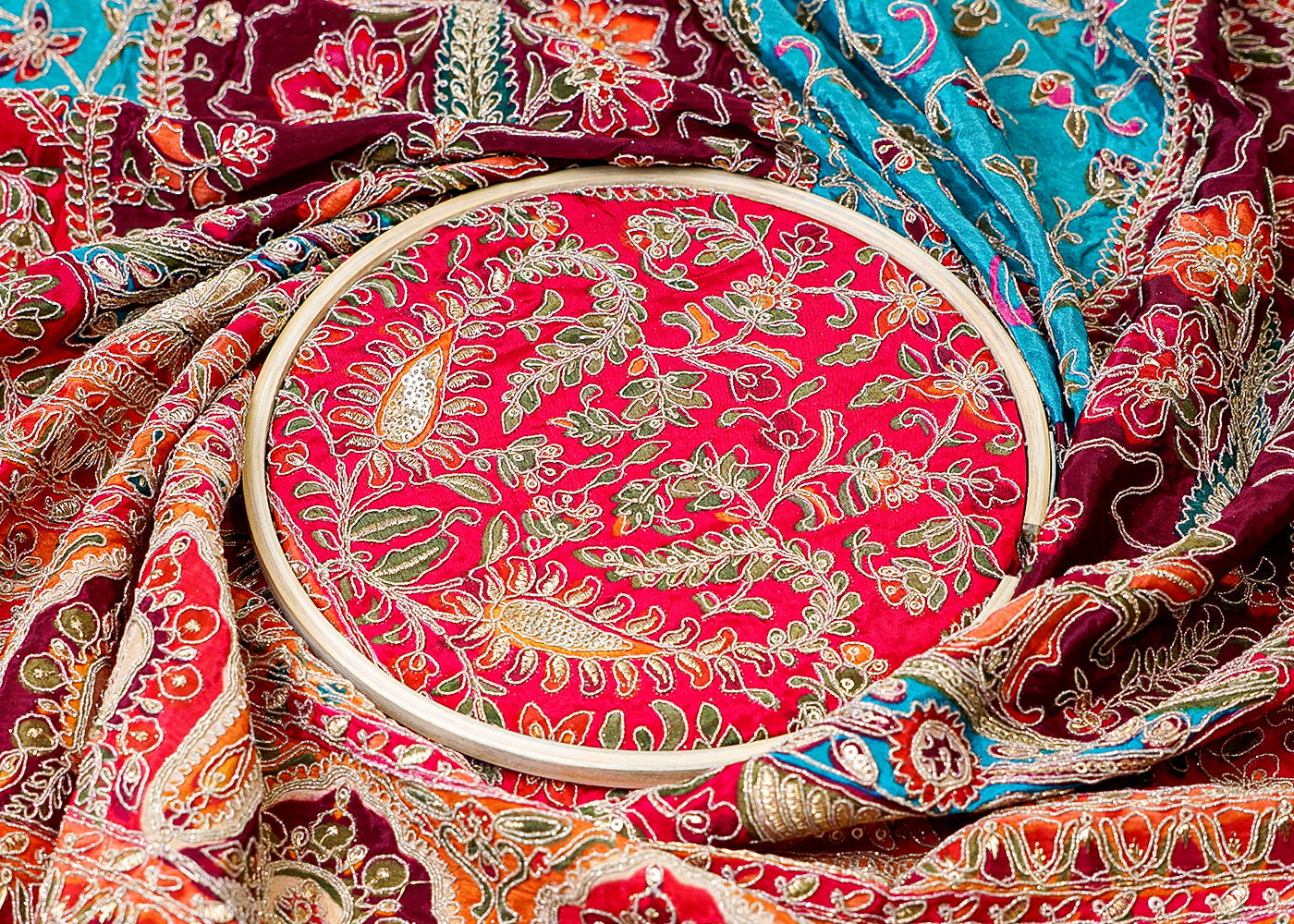 ( Pre-Cut 2.8 MTR) Light Blue Crepe Fabric With All Over Zari And Sequins Work With One Side Heavy Border 18115