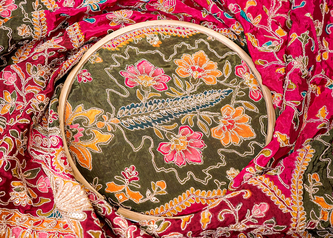 ( Pre-Cut 2 MTR) Pink Crepe Fabric With All Over Zari And Sequins Work With One Side Heavy Border 18130