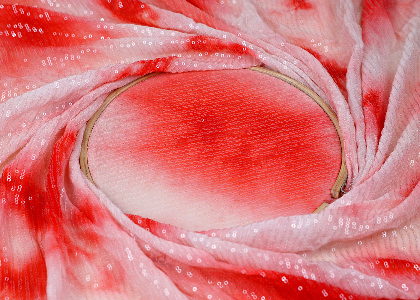 (Pre-Cut 2.1 MTR) Red Georgette Fabric With All Over Tie And Dye With Sequins Work 18132