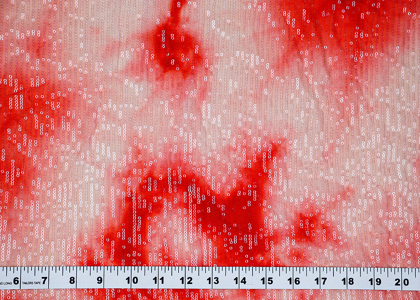 (Pre-Cut 2.1 MTR) Red Georgette Fabric With All Over Tie And Dye With Sequins Work 18132