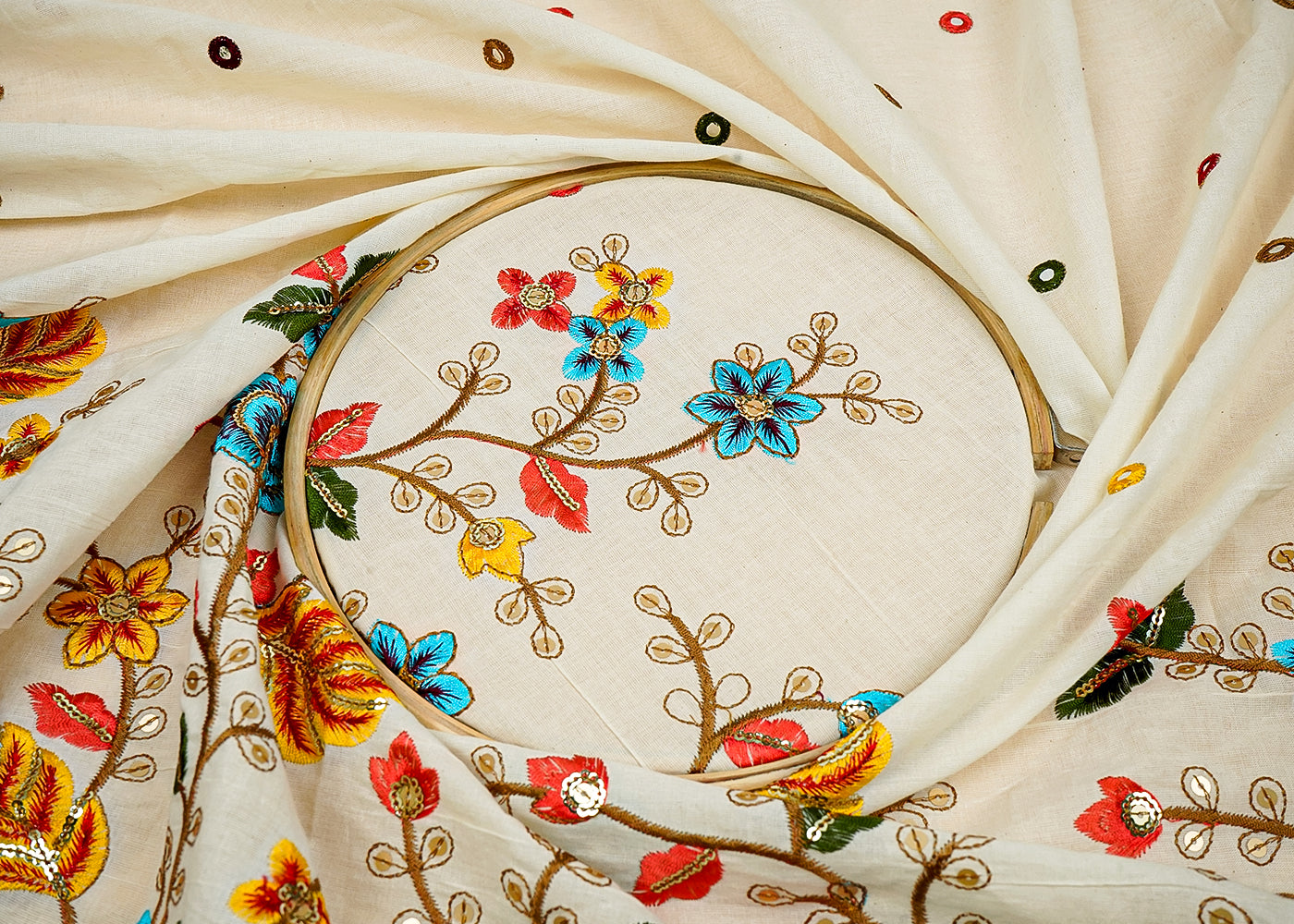 ( Pre-Cut 4.35 MTR) Off White Cotton Fabric With All Over Thread, Sequins And Faux Mirror Work With One Side Border 18163