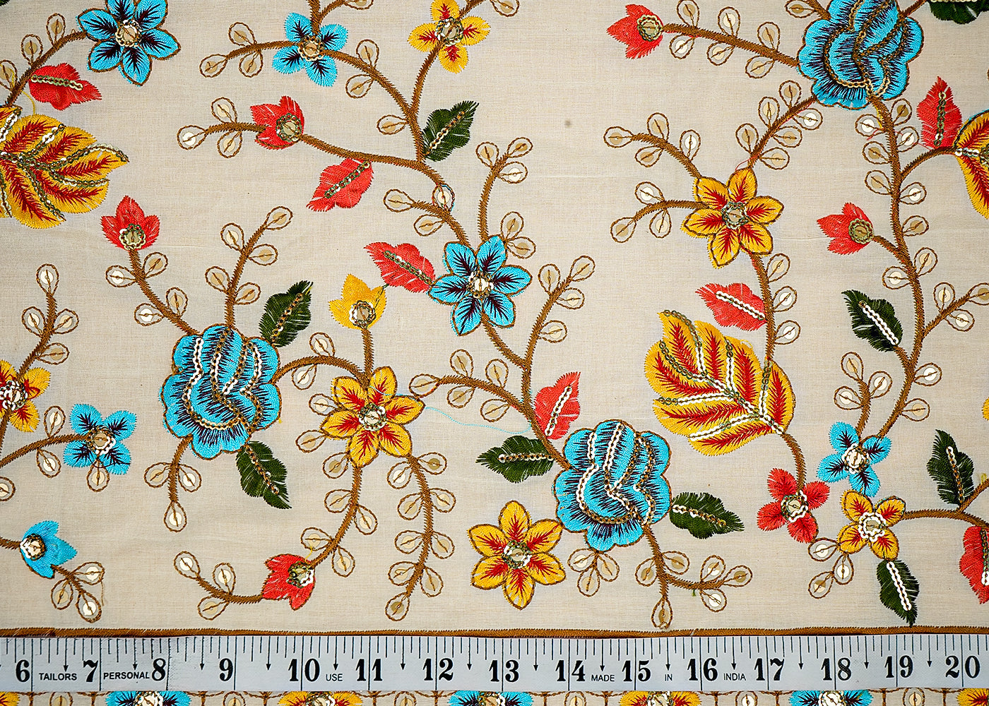 ( Pre-Cut 4.35 MTR) Off White Cotton Fabric With All Over Thread, Sequins And Faux Mirror Work With One Side Border 18163